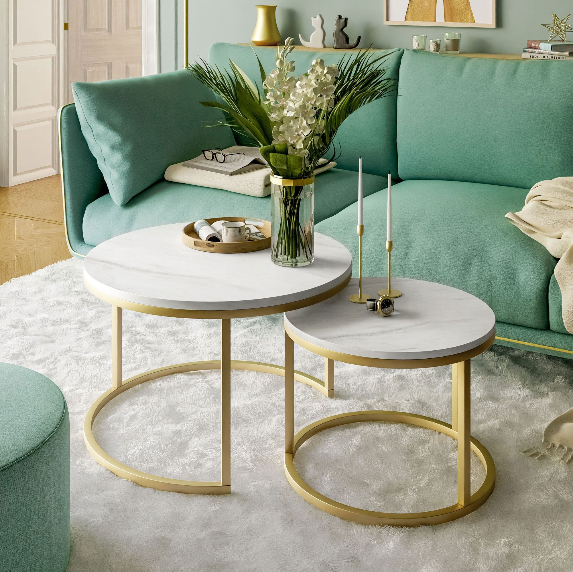 Lookway Couchtisch CIRI 2in1 LEVANTO mit goldmattem Gestell, runder Couchtisch (2er Set), Durchmesser: ⌀70 cm & ⌀50 cm und Durchmesser: ⌀80 cm & ⌀60 cm