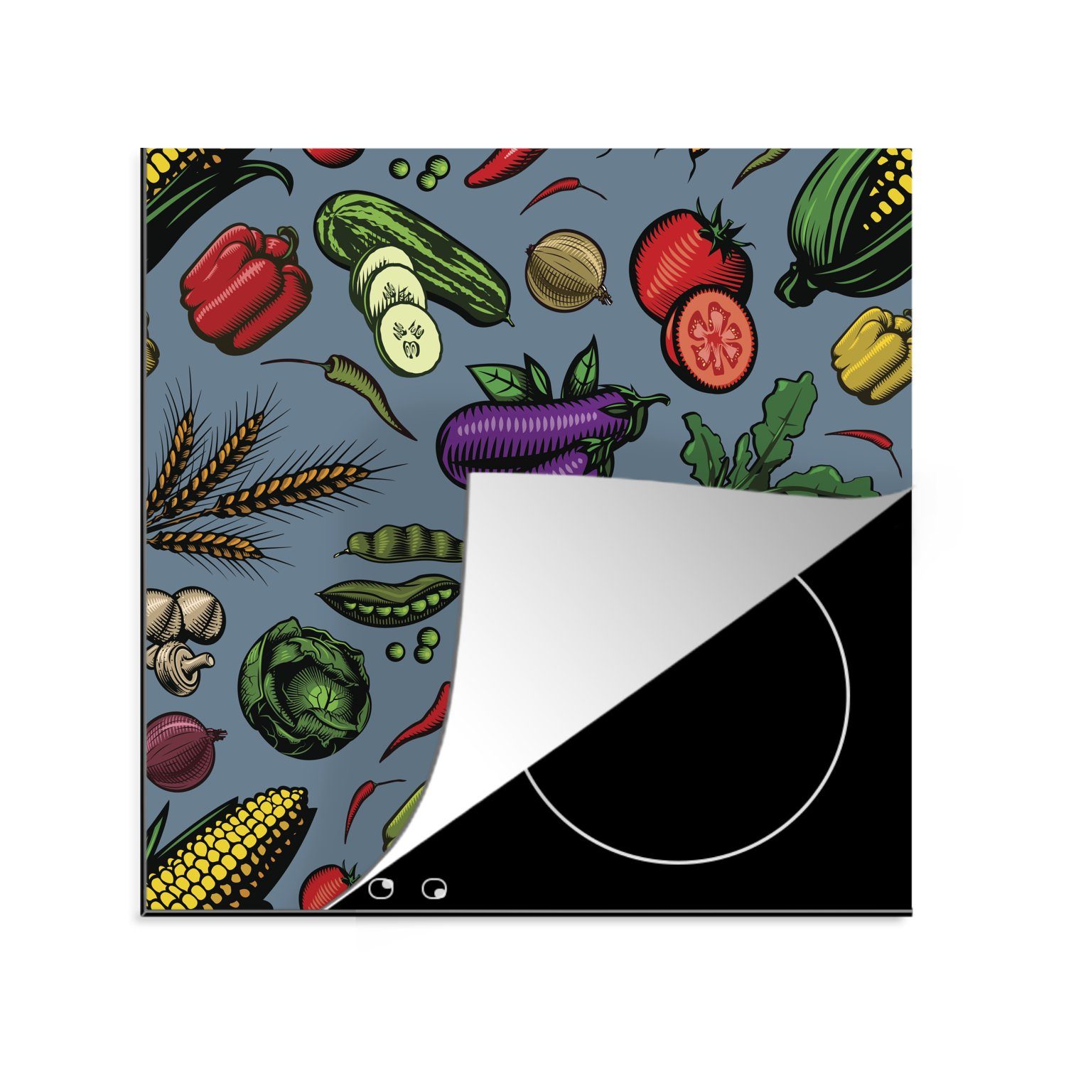 MuchoWow Herdblende-/Abdeckplatte Illustration eines Musters mit verschiedenen Gemüsesorten, Vinyl, (1 tlg), 78x78 cm, Ceranfeldabdeckung, Arbeitsplatte für küche
