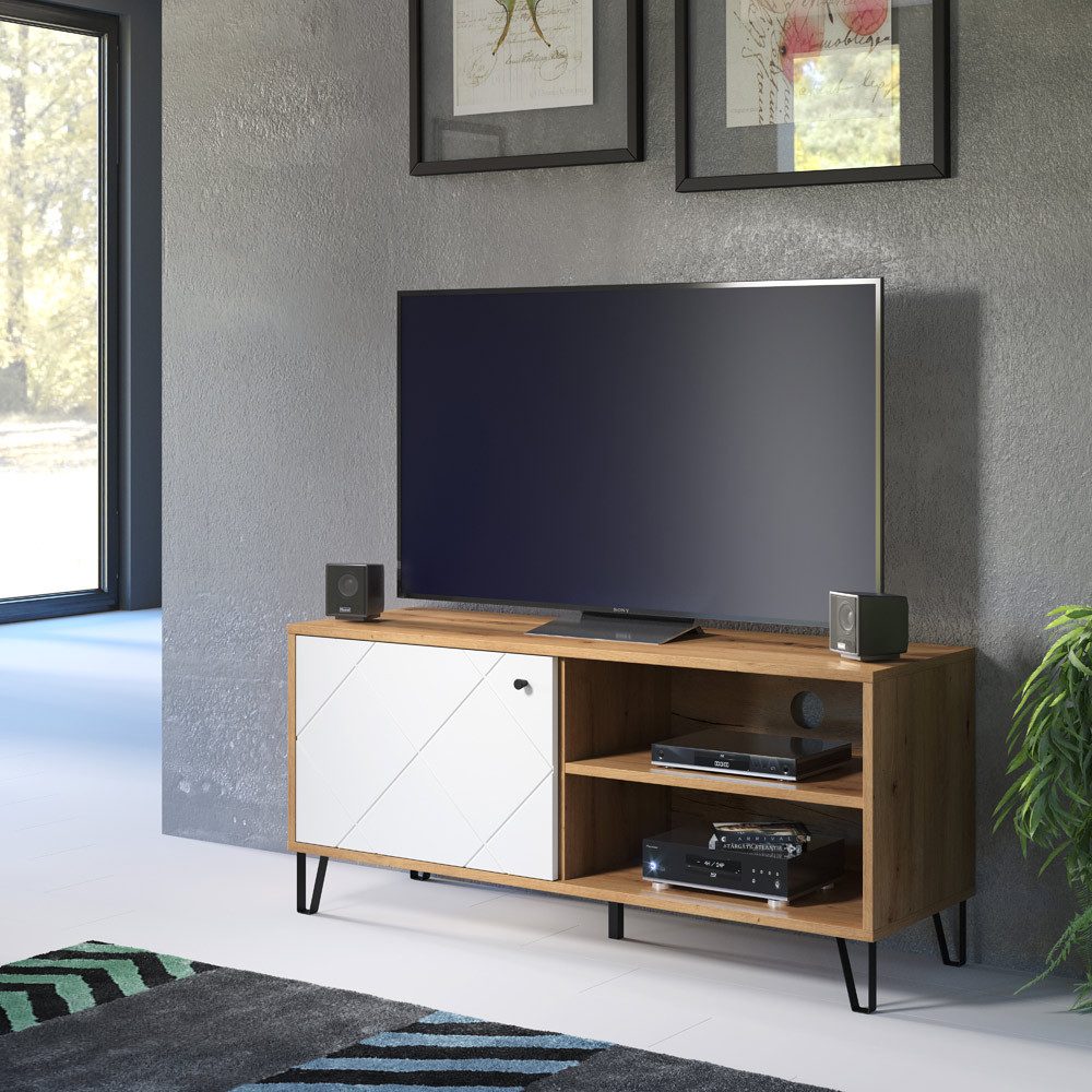 Lomadox Lowboard TORINO-19, TV in Artisan Eiche Nb. mit weiß matt mit Metallfüßen 123/56/40 cm