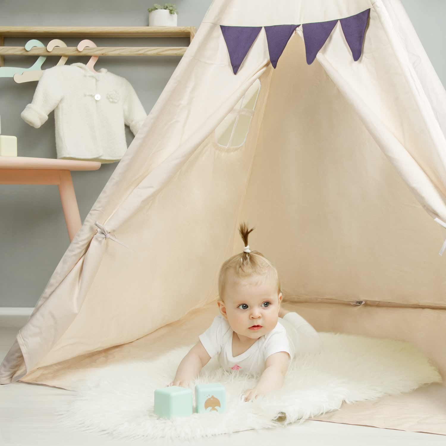all Kids United Tipi-Zelt ALL KIDS UNITED Tipi Kinderzelt mit Fenster und Tür, Baumwolle & Holz, Kinder-Zelt aus Baumwolle & Holz