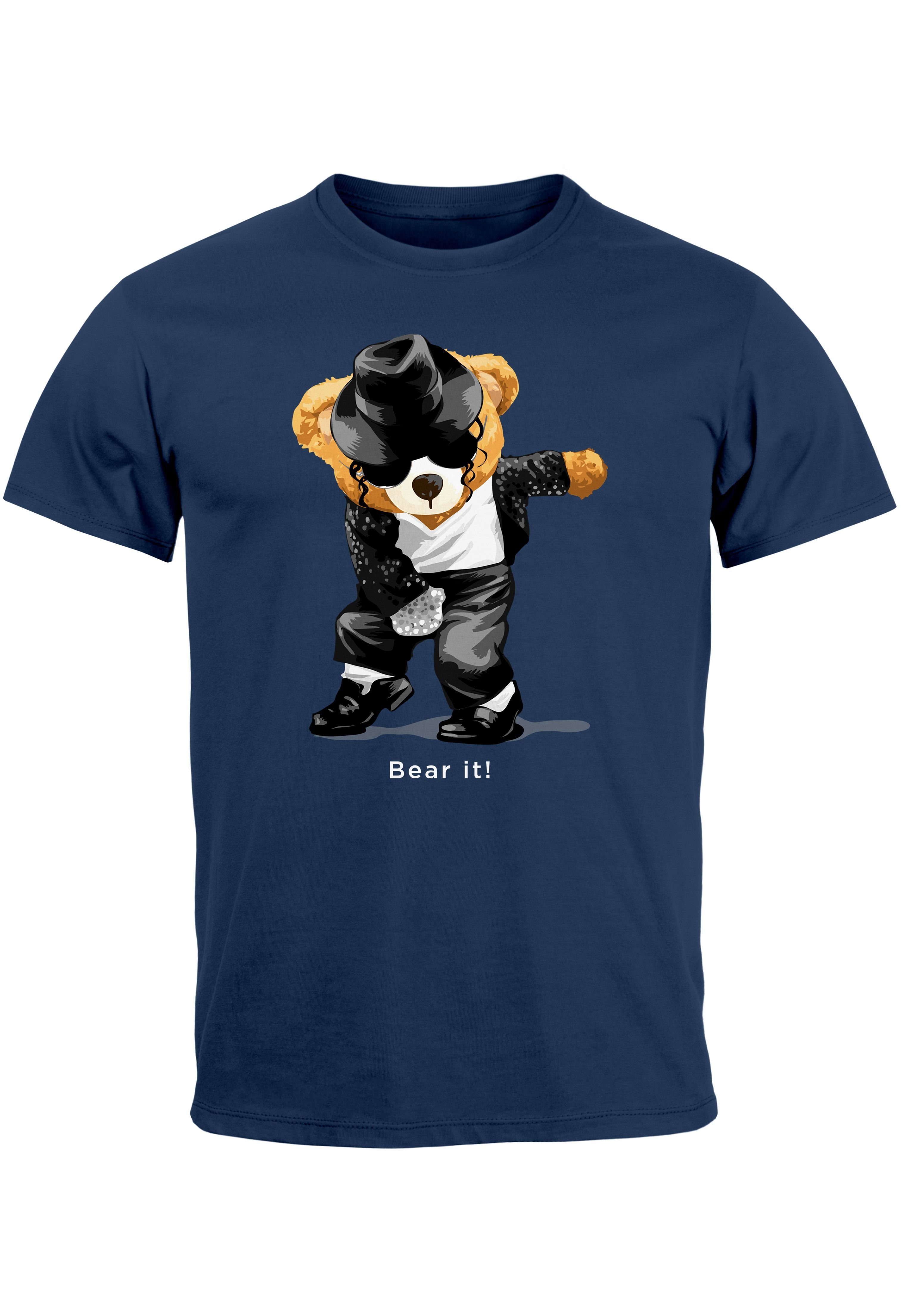 Neverless Print-Shirt Herren T-Shirt Jackson Bear Parodie Bear it! Teddy Bär Musik Print Auf mit Print navy