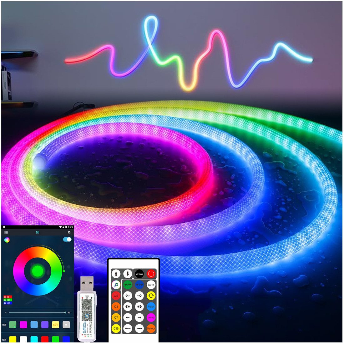 XERSEK LED Nachtlicht Neon LED Stripe 5M, 250LEDs, Smart, DIY, RGB, IP67, LED wechselbar, LED fest integriert, Rohrdurchmesser: 16mm, APP