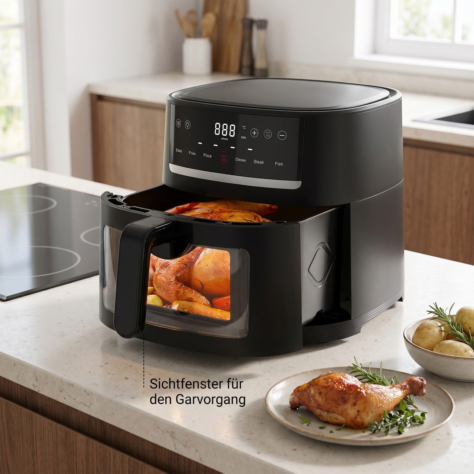 AIMAX Heißluftfritteuse 9L Airfryer xxl, Heissluftfritteuse mit Sichtfenster & Shake-Reminder, 1800 W, Display, 9L, Einstellbare Zeit-/Temperatursteuerung, Sichtfenster