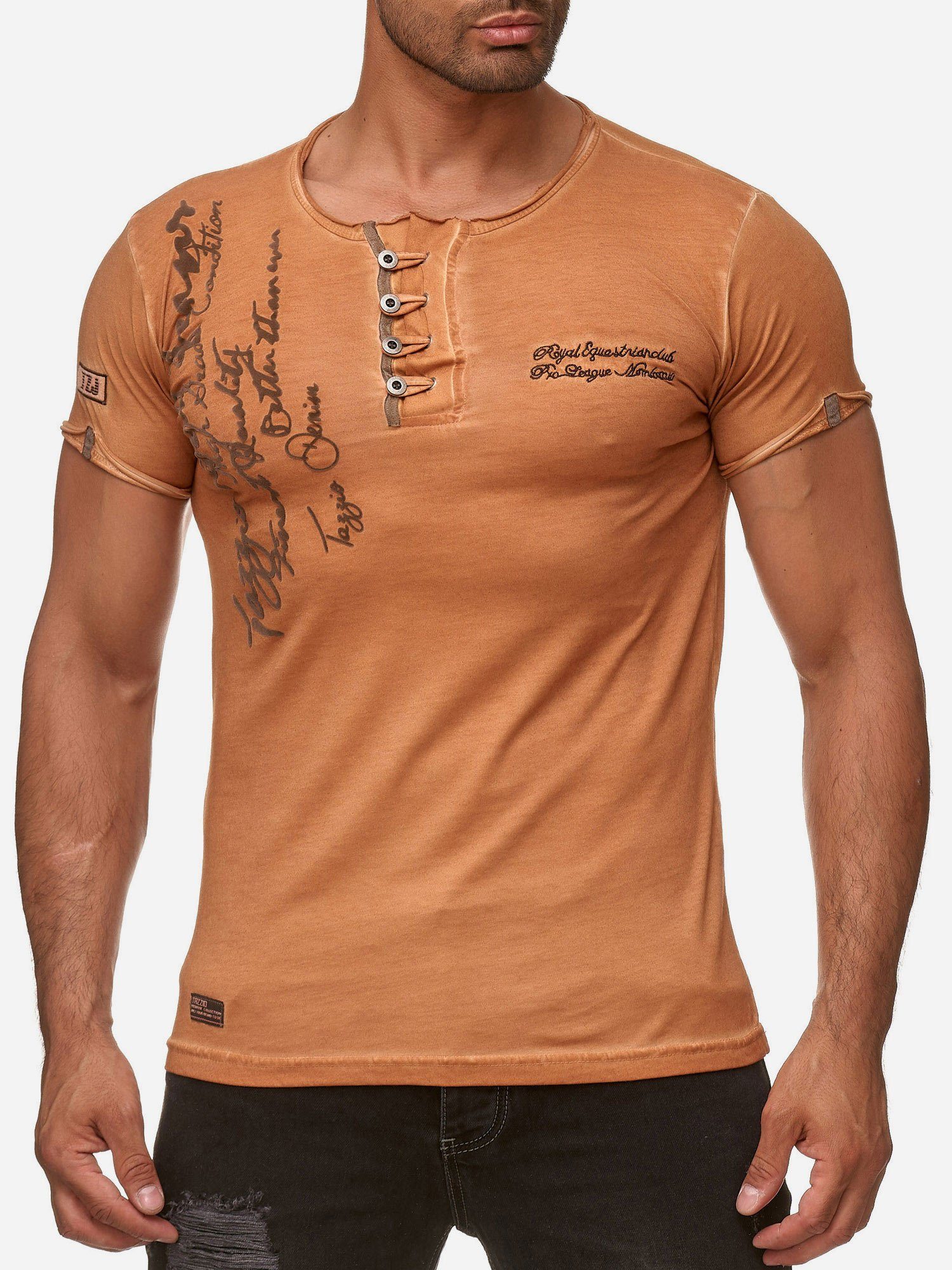 Tazzio T-Shirt 4050-1 Rundhalsshirt in Ölwaschung mit offenem Kragen und dezentem Used Look camel