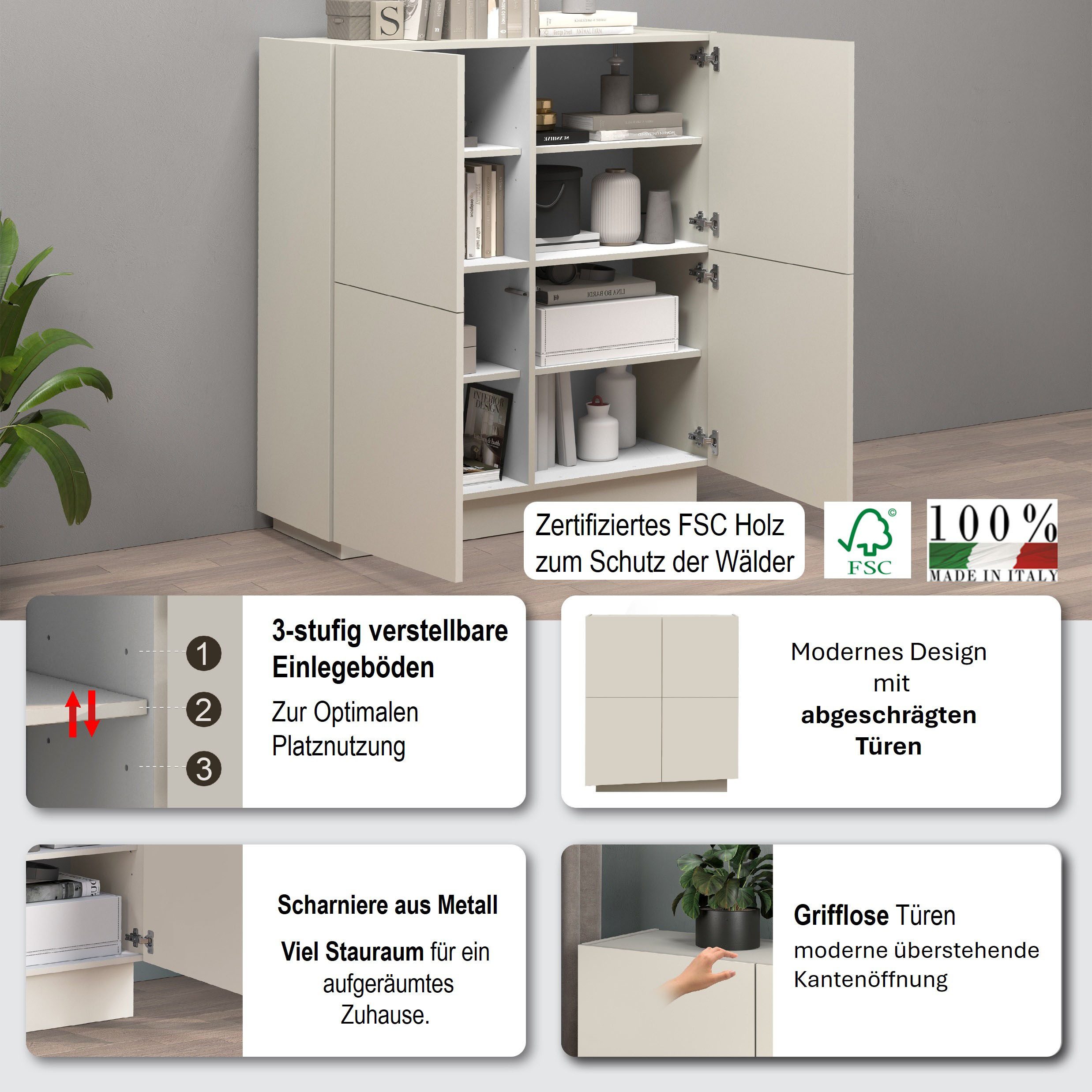 OTTO home Highboard VELA, Höhe 120 cm, Design mit schrägen Türen, 8 Fächer, Made in Italy (1 St), Made in Italy, Maße-B/T/H: 100x35x120,hohes Sideboard,Anrichte,Kommode