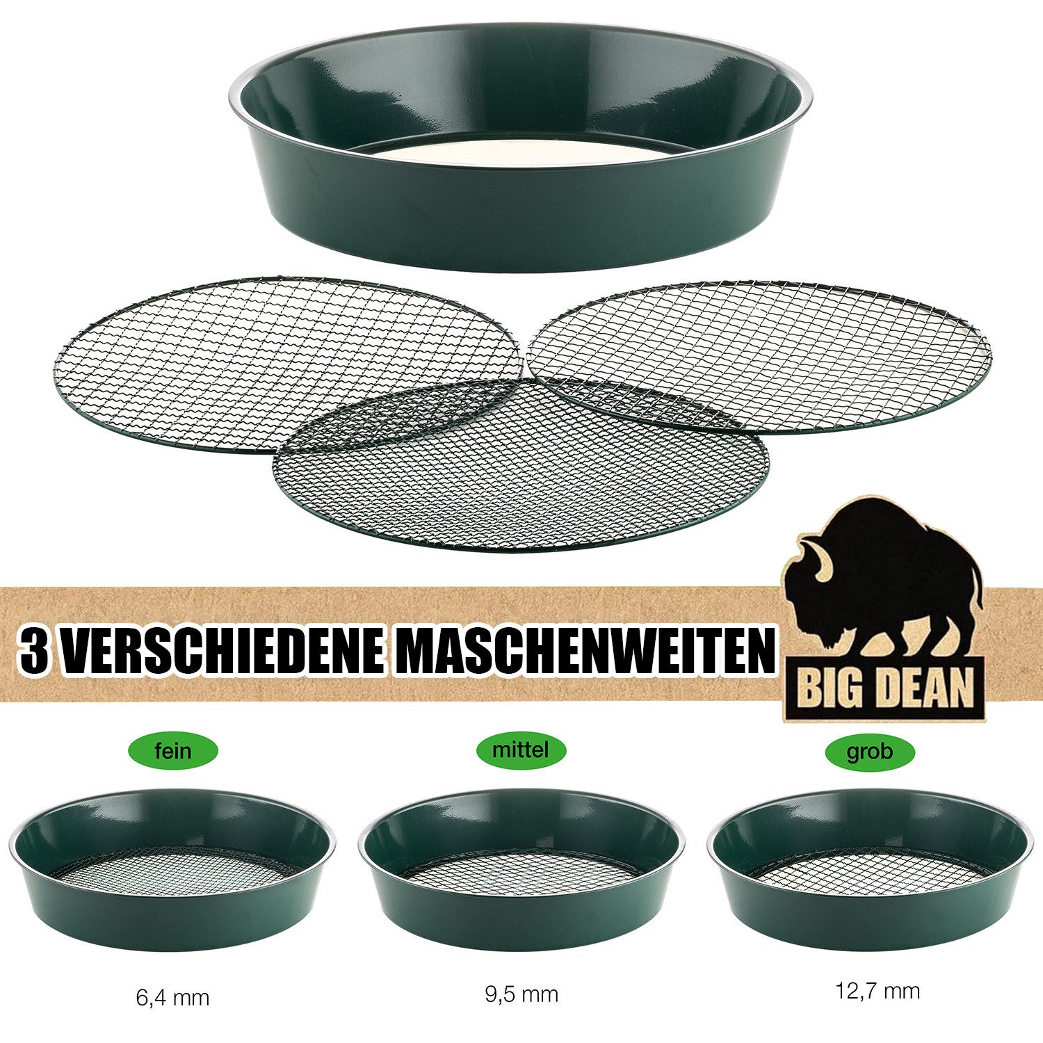BigDean Gartensieb aus Metall mit 3 Maschenweiten 6,4 mm/9,5 mm/12,7 mm - Erdsieb, Kunststoff, Metall, (Packung, 1-St., Gartensieb), Robustes Metall, Vielseitig Einsetzbar