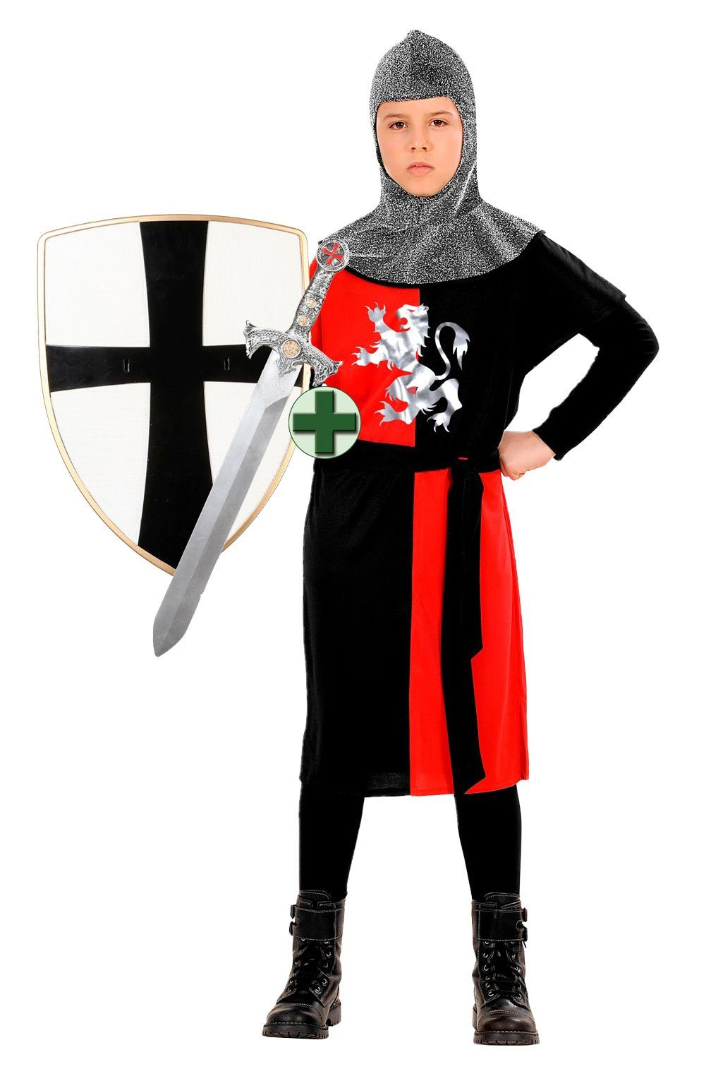Karneval-Klamotten Ritter-Kostüm Kreuzritter Kinder rot schwarz mit Schwert  Schild, Mittelalter Kinderkostüm für Karneval