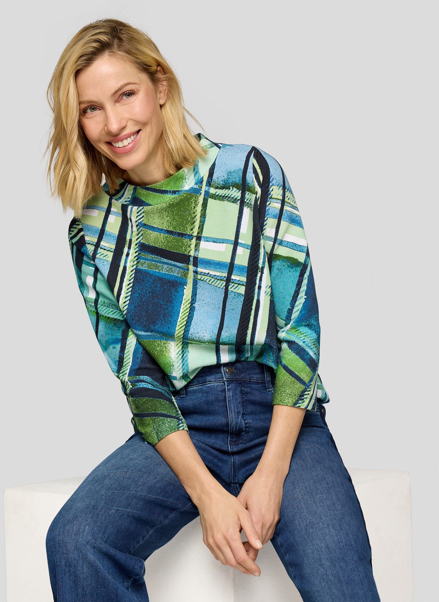 Rabe 3/4-Arm-Shirt mit grafischem Muster und Stehkragen günstig online kaufen