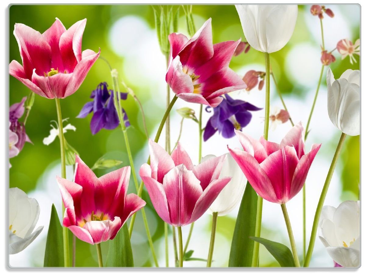 Wallario Schneidebrett Blühende Blumen im Frühling in pink und weiß, ESG-Sicherheitsglas, (inkl. rutschfester Gummifüße 4mm, 1-St), 30x40cm
