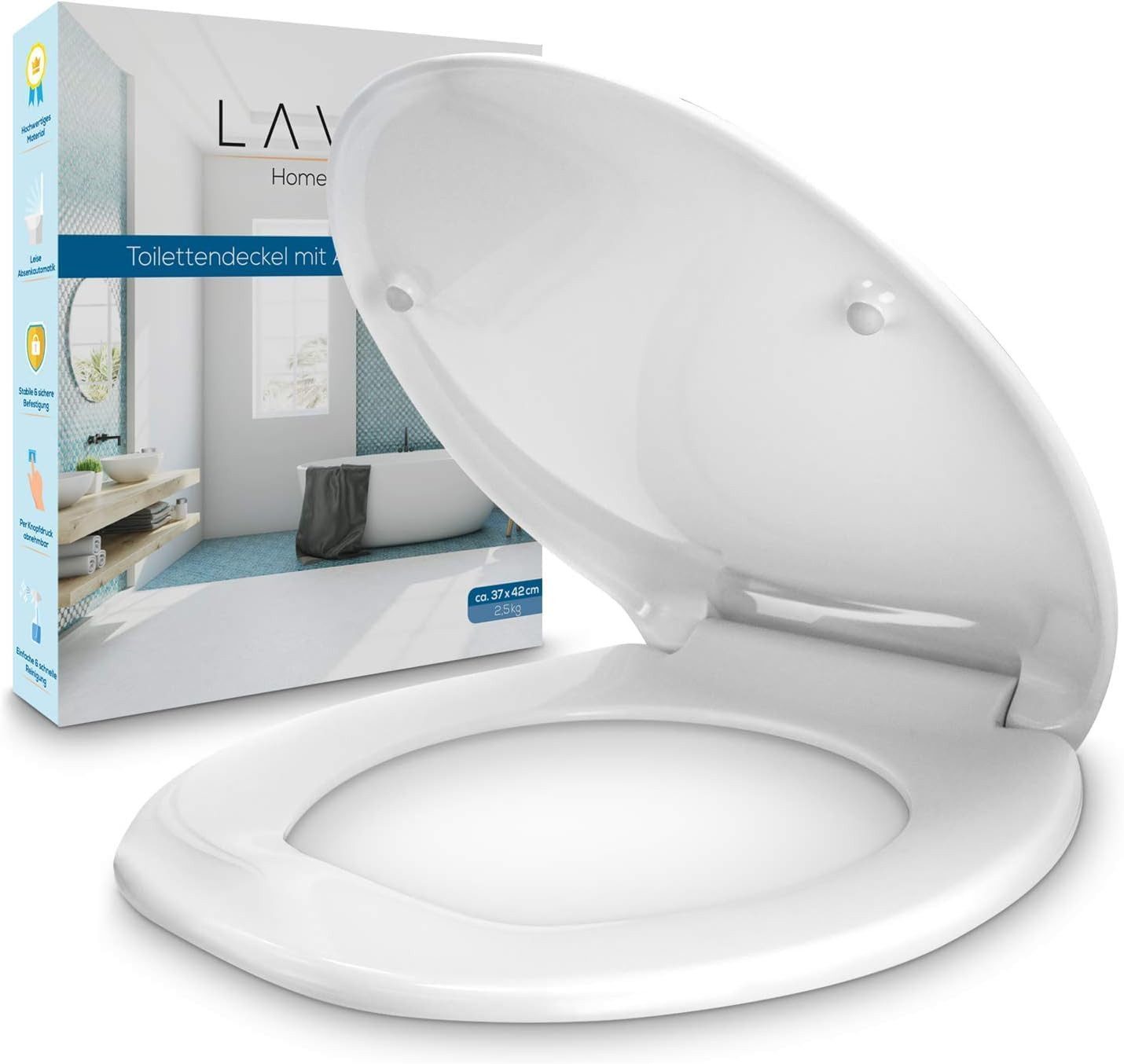LAVUR WC-Sitz WC Sitz aus Duroplast mit Absenkautomatik bis 250 kg, universell, Abnehmbar, Edelstahl-Befestigung, rutschfest & leicht zu reinigen
