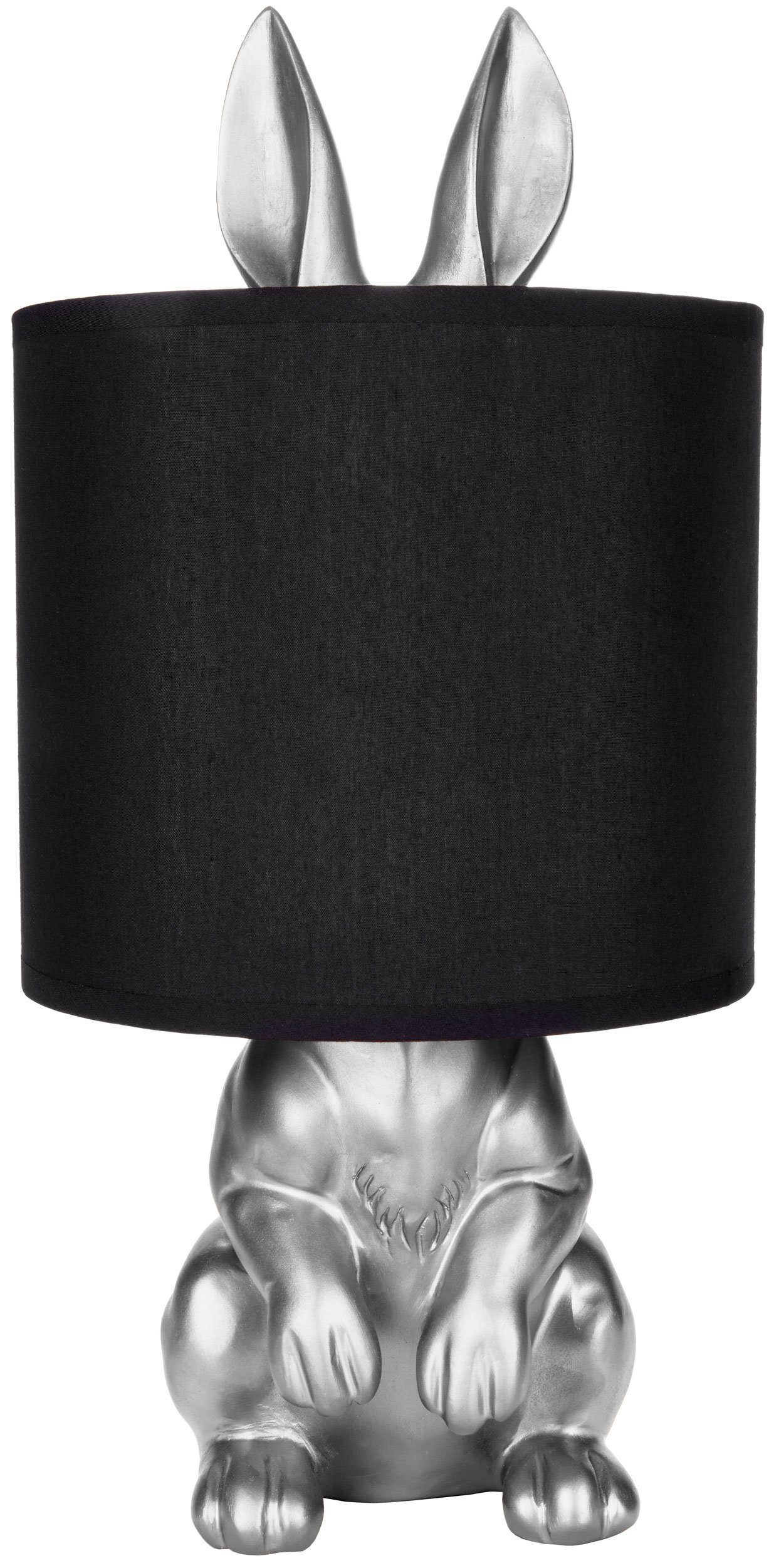 BRUBAKER Nachttischlampe Tischleuchte Hase Gold oder Silber - Tischlampe mit Lampenschirm, ohne Leuchtmittel, Motiv Lampe mit Keramikfuß, Höhe 42 cm Silber, Schirm: Schwarz | Tischlampen