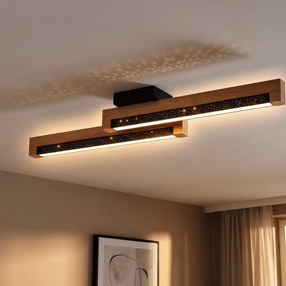 GLOBO LIGHTING LED Deckenleuchte, LED-Leuchtmittel fest verbaut, Warmweiß, LED Deckenlampe Wohnzimmerleuchte Holz Sterneneffekt braun L 70 cm