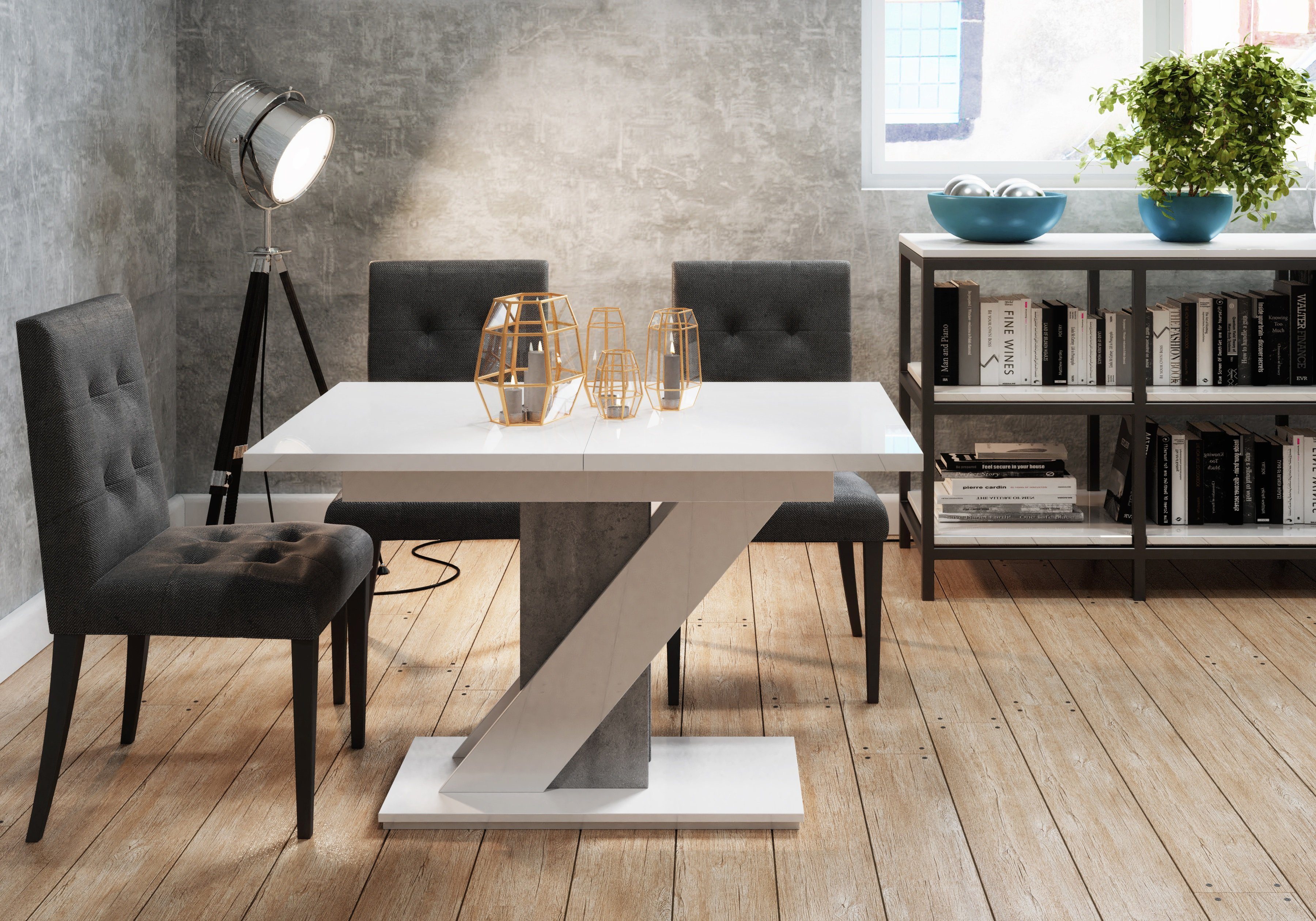 Compleo Esstisch Esszimmertisch Chloe, Ausziehbar 120-160 cm, Esszimmer, Tisch Weiß Hochglanz + Beton