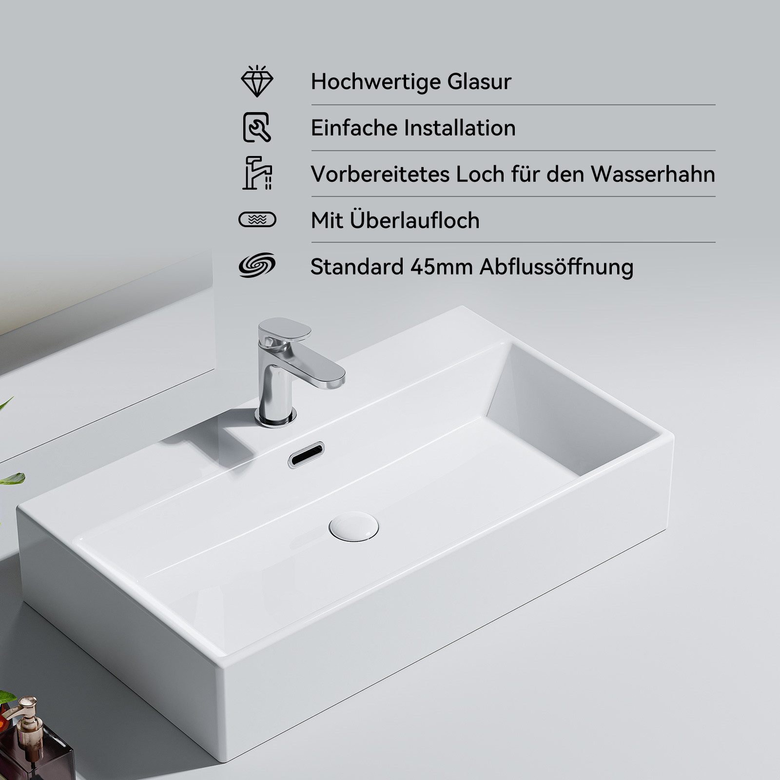 HOROW Waschbecken Keramik Aufsatzwaschbecken Hängewaschbecken 50cm 60cm 75cm (Badezimmer Waschtisch, mit Hahnloch und Überlauf - Weiß/Schwarz)