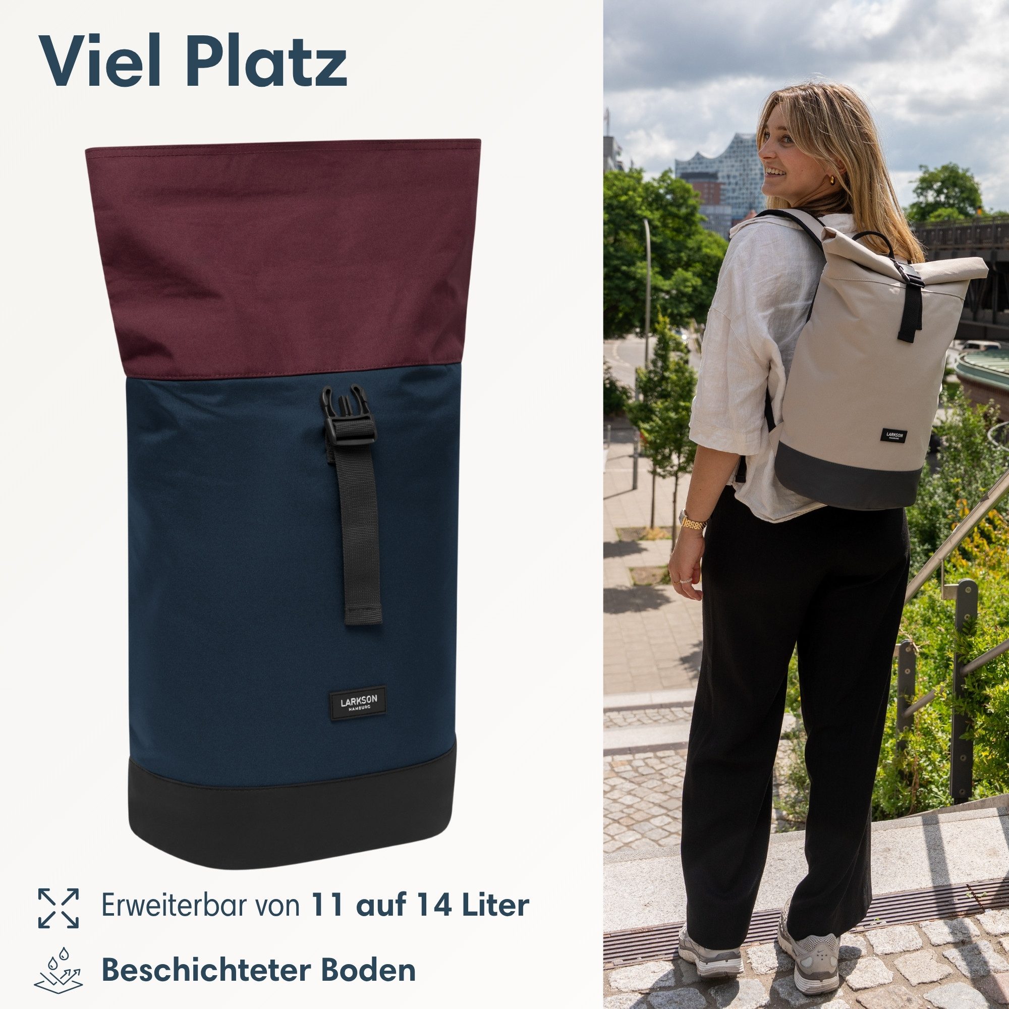 LARKSON Cityrucksack Janne Small Tagesrucksack 11-14 Liter für Damen & (1-tlg), Flexible Größe, Gepolstertes Laptopfach, Wasserabweisend