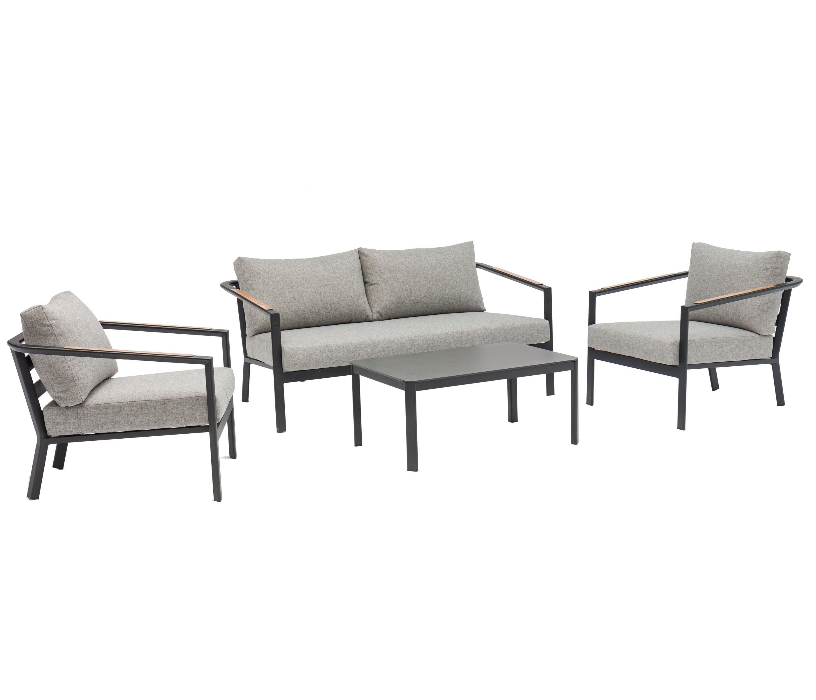 Dehner Gartentisch New York, 4-teilig, Aluminium/Polyester, moderne Sitzgarnitur mit Sofa, 2 Sesseln und Tisch, inkl. Polster