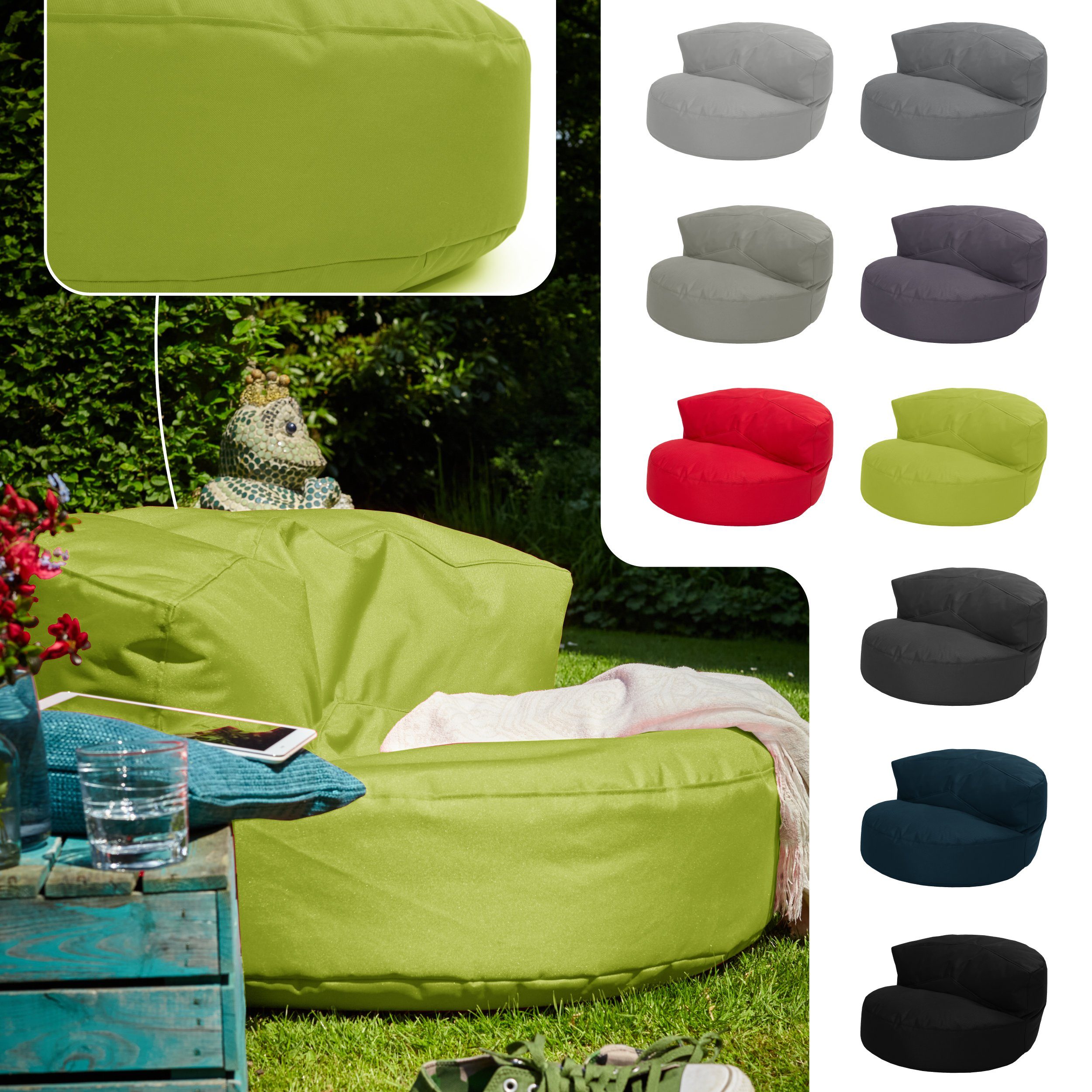 mit Sofa & Indoor Couch Rückenlehne, wasserabweisender Füllung Bean Perlen mit Sitzsack & (mit Green abwaschbarer Gartenliege Outdoor Grün EPS Sitzmöglichkeit Rückenlehne Bezug),