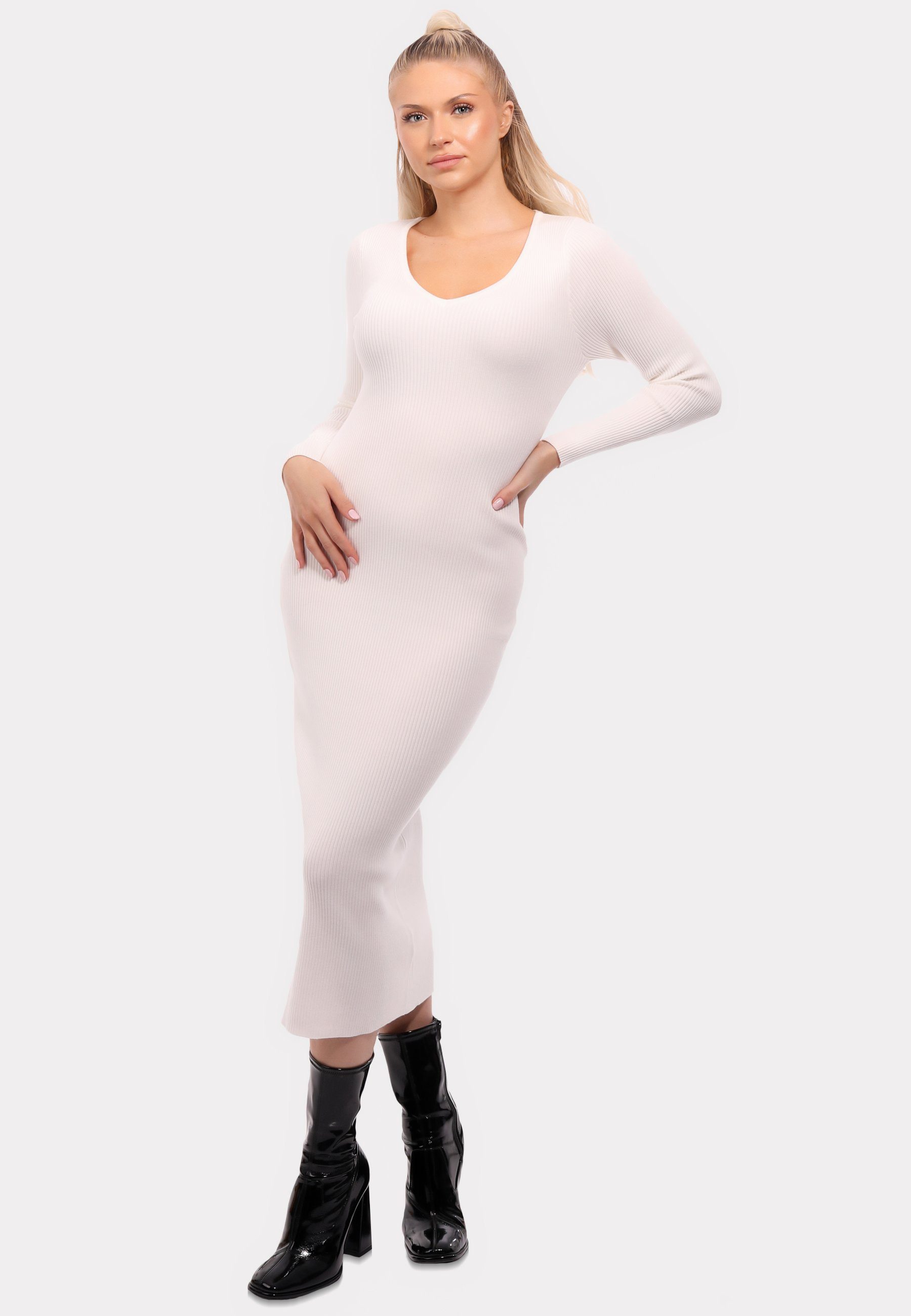 YC Fashion & Style Strickkleid Strickkleid mit V-Ausschnitt KNIT DRESS (1-tlg) in Unifarbe weiß
