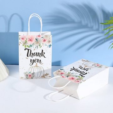 FIDDY Geschenkpapier Blumige Dankes-Papiertüten - 20 Stück in Weiß,klein (15x8x21 cm), (10St), mit Griffen, geeignet fürEinkäufe und Partygeschenke.