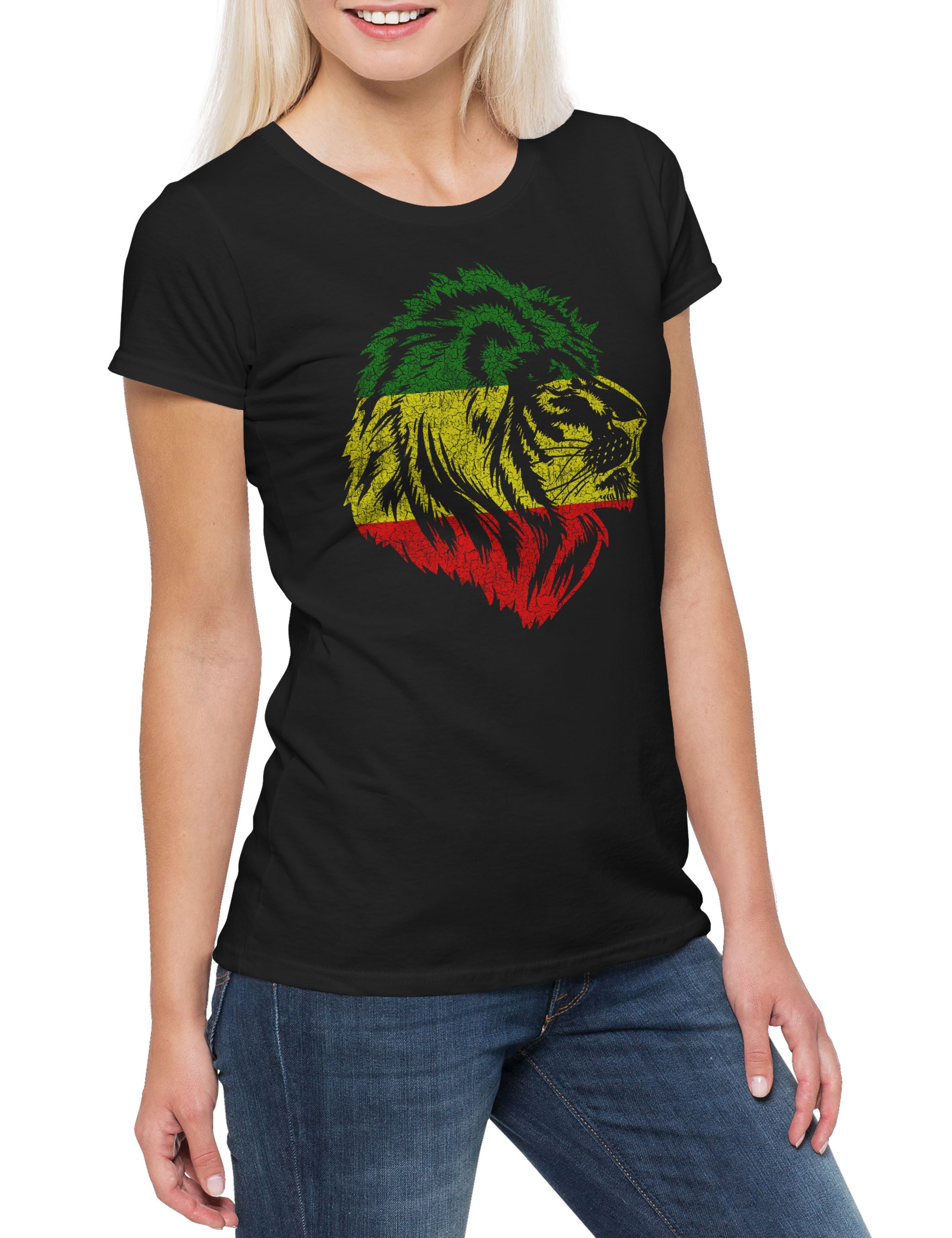 Print-Shirt Reggae Lion V Damen T-Shirt Reggae Jah Babylon Irie Jamaica