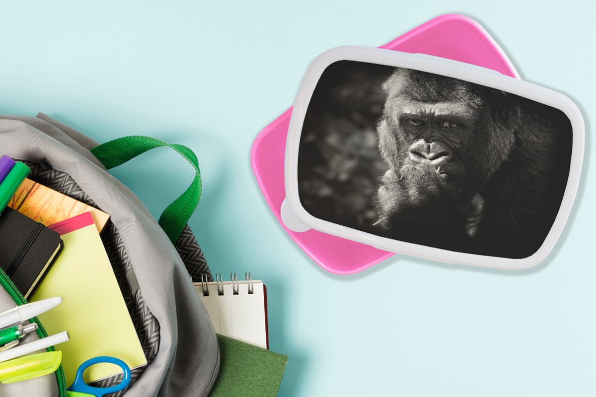 (2-tlg), Kinder, Lunchbox rosa für Tierprofil Erwachsene, Mädchen, in Kunststoff, weiß, MuchoWow schwarz Brotdose Gorilla und Kunststoff Brotbox Snackbox,