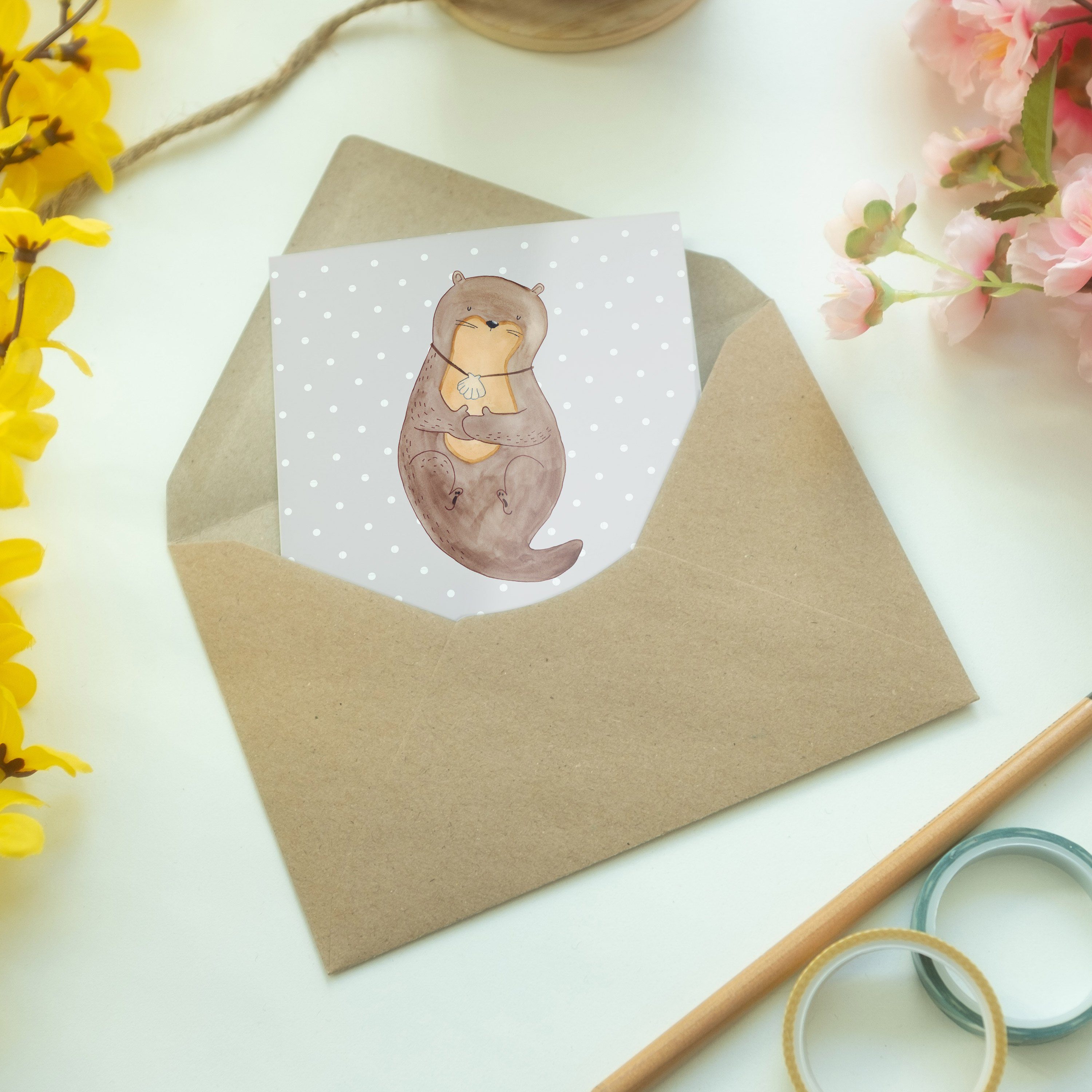Mr. & Panda Otterliebe, Mrs. Grau Hoc Muschelmedaillon Pastell Otter - mit Grußkarte - Geschenk