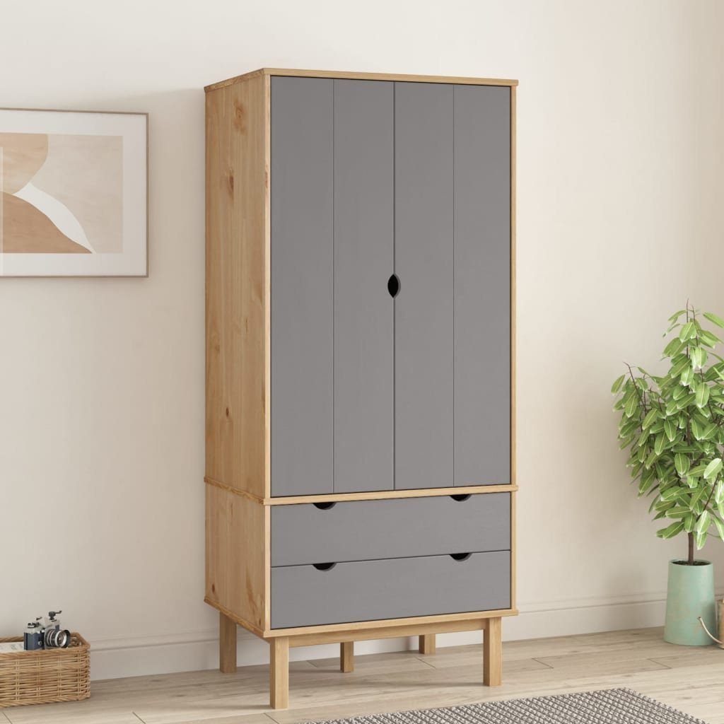 furnicato Kleiderschrank OTTA Braun&Grau 76,5x53x172 cm Massivholz Kiefer Garderobenschrank mit 2 Schubladen und großem Fach für Kleidung