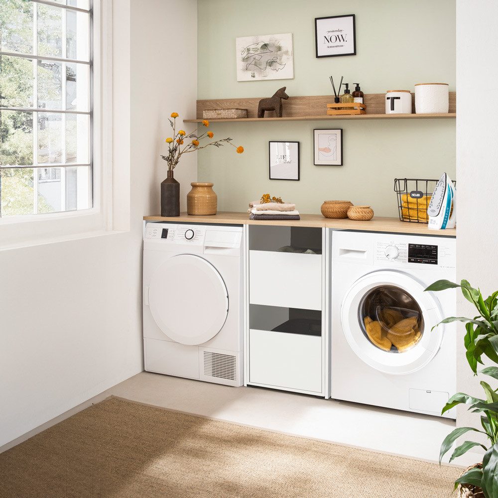 Lomadox Waschmaschinenumbauschrank STOBY-80 Hauswirtschaftsraum HWR Wäscheschrank Waschmaschine und Trockner weiß