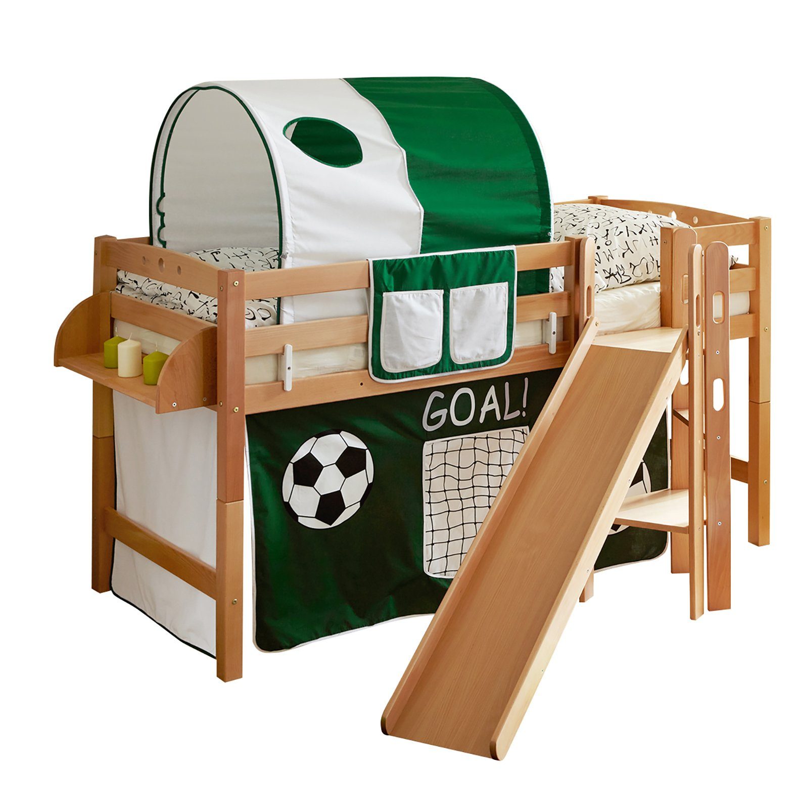 Ticaa Hochbett Hochbett mit Rutsche Podestbett "Tino" Buche Natur