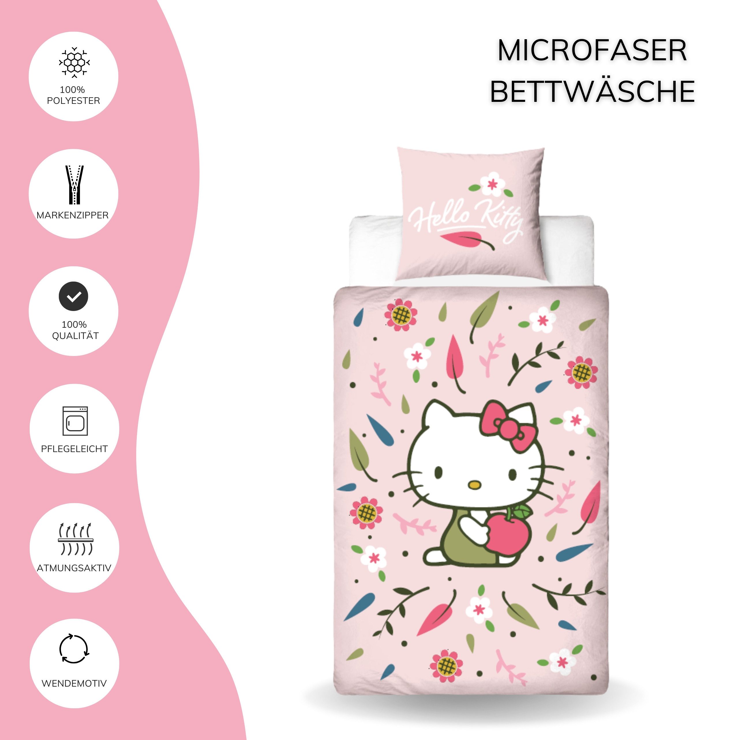 MTOnlinehandel Bettwäsche Hello Kitty Blütenzauber, Wende- Motiv für Mädchen, sanfte Rosatöne, Mikrofaser, 2 teilig, 80x80 cm x 135x200 cm, Blüten und Blätter, Kawaii