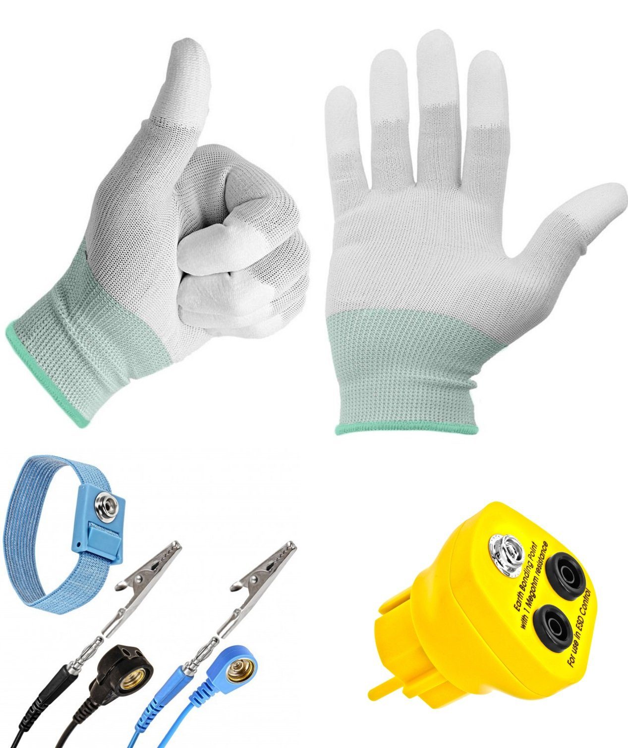 Minadax Reparatur-Set Erdungsstecker + Manschette 1,70m + ESD Antistatik  Handschuhe Gr: L
