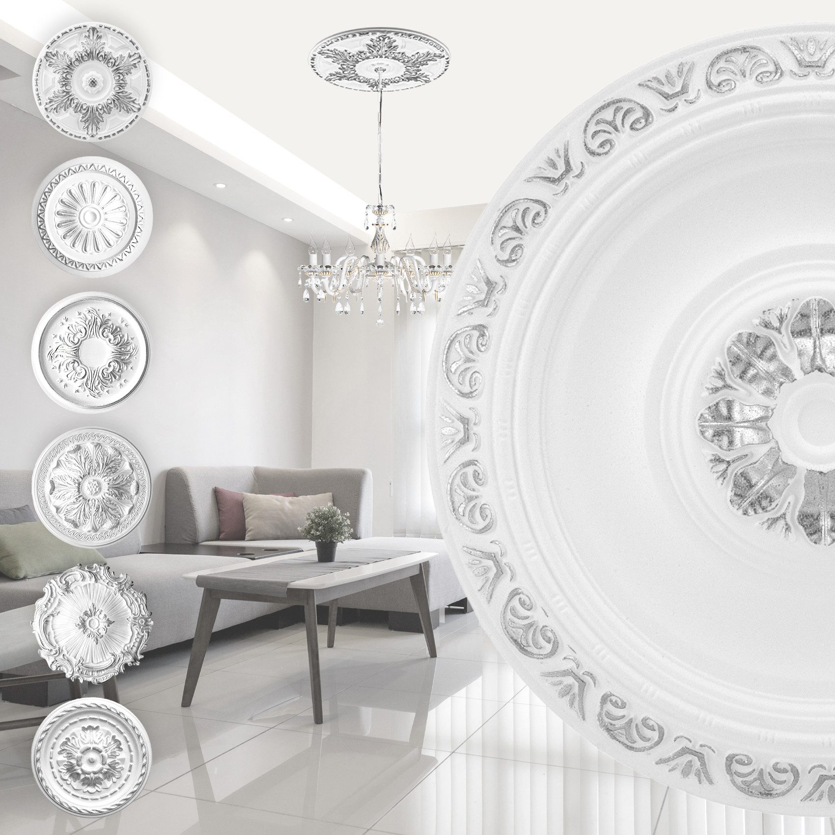 marbet design Wanddekoobjekt R-20 Silber (Stuckrosette silber aus EPS Styropor, Zierelement, Stuck Dekorbau Wand Deckenstuck Wandstuck rund)
