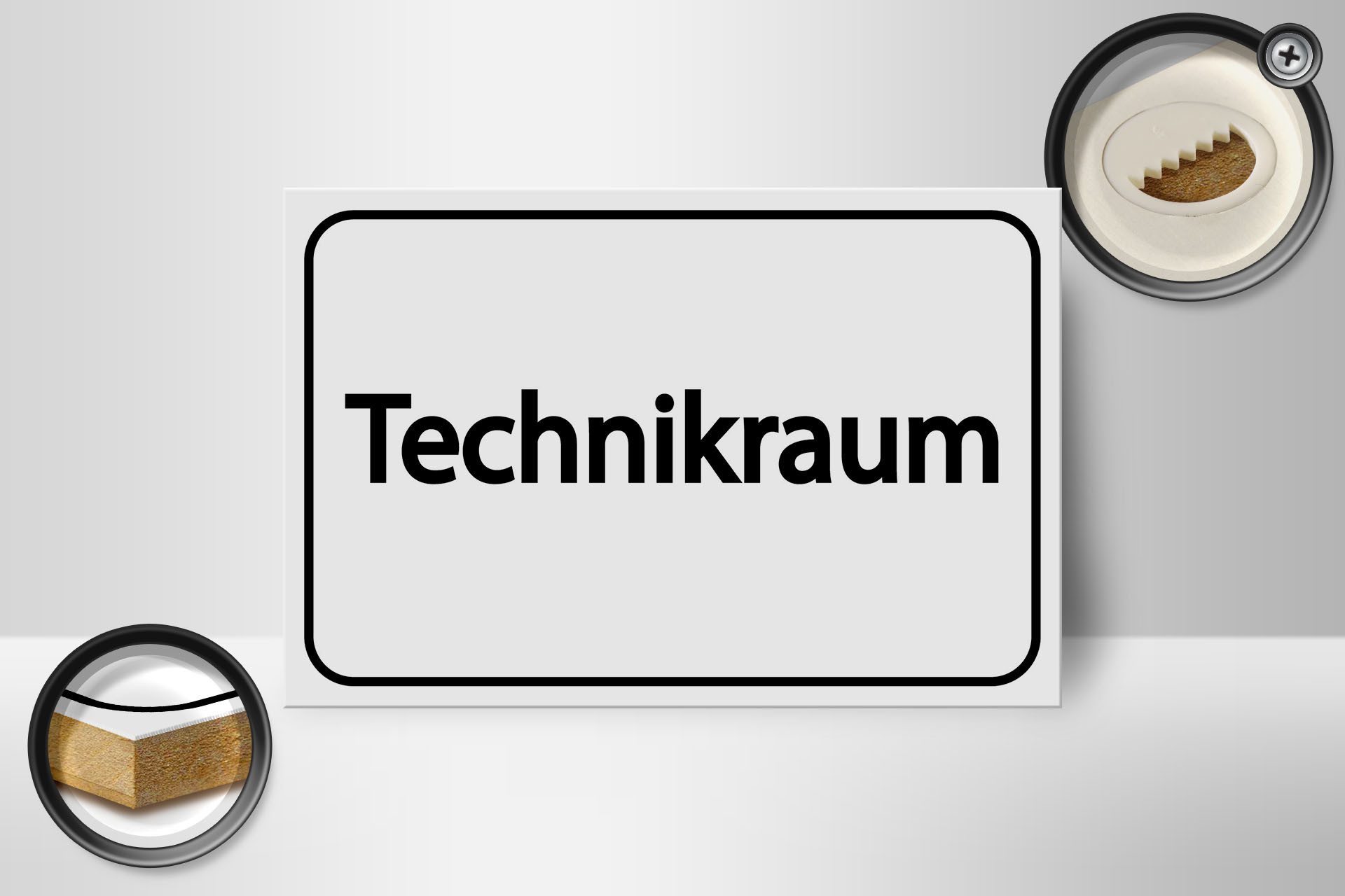 Femer GmbH Holzbild Hinweis 12x18 cm Technikraum weißes, (1 St), Glatte Holzfaserplatte (MDF), vorn beschichtet