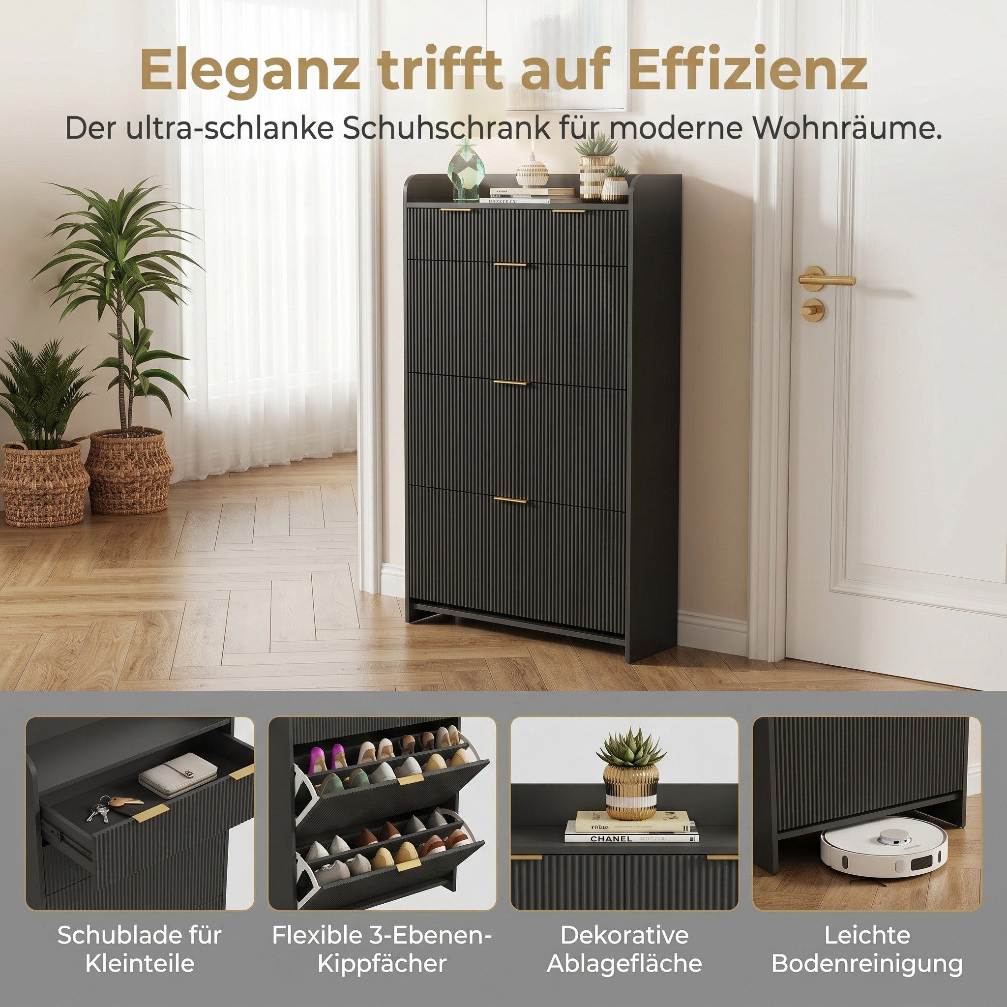 PXloue Schuhschrank mit 2 Klappen Schuhregal Schukipper( mit Kippsicherung)  (mit 2 Schubladen) Schuhkommode im Flur Diele,Trennwand verstellbar, 110x24x80 cm