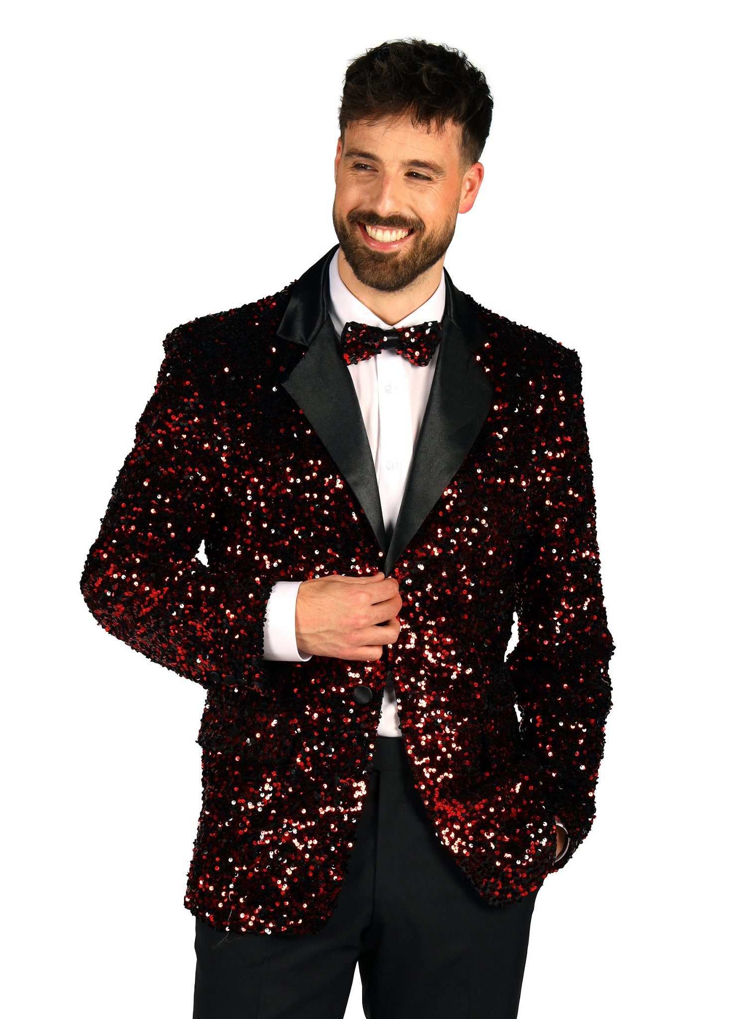 thetru Kostüm Glitzer Jackett rot, Sakko im klassischen Schnitt, aber knallbunt und glitzernd