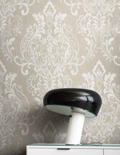 Newroom Vliestapete, Grau Tapete Barock Ornament - Barocktapete Prunk Weiß Creme Glamour Royal Beton-Optik für Wohnzimmer Schlafzimmer Küche