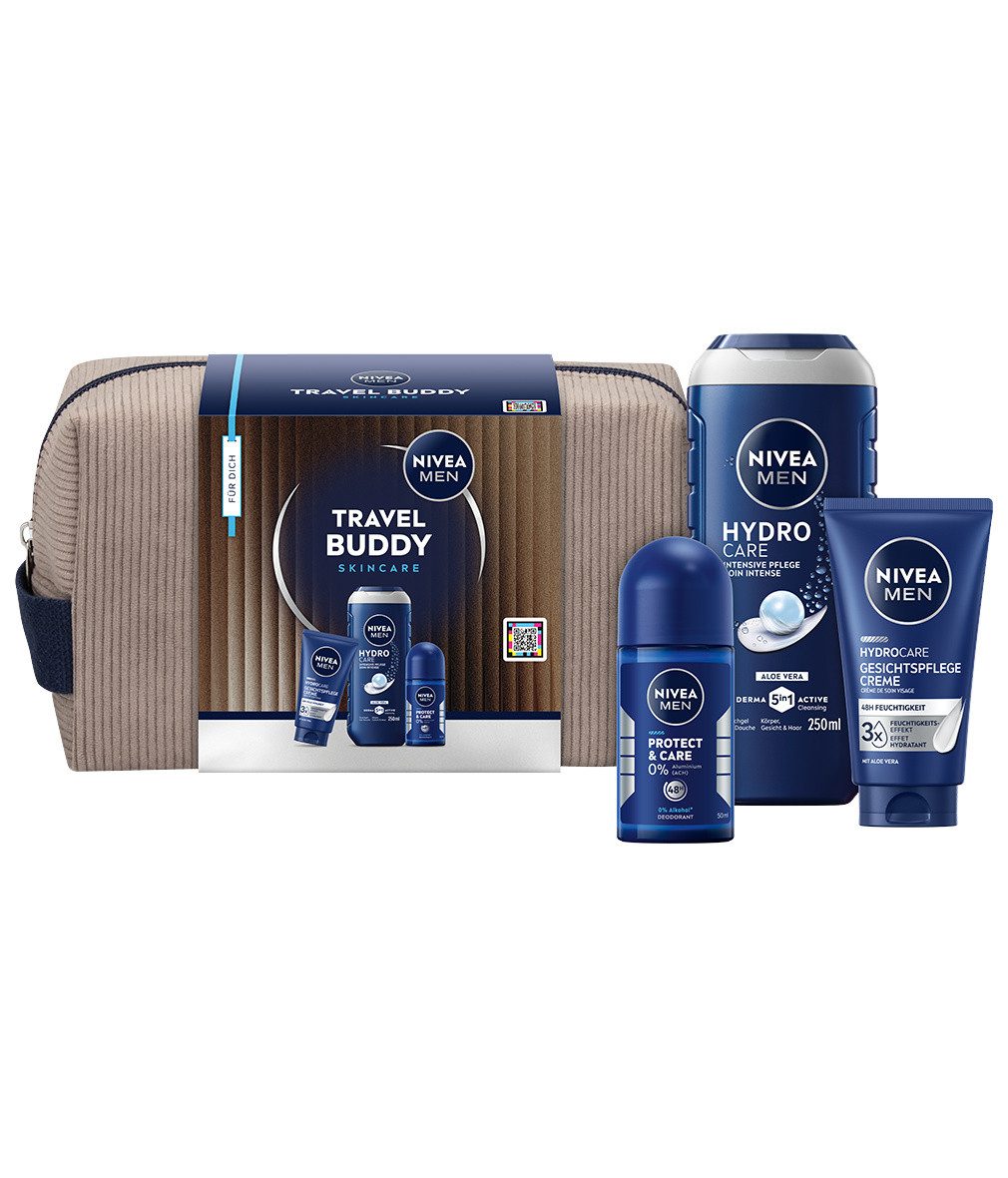 Nivea Men Hautpflege-Set Travel Buddy 4tlg. Geschenkset 2026 Duschgel Gesichtspflege Roll-On Set, 4-tlg., Pflegeroutine für ihn - Geschenkidee für Männer