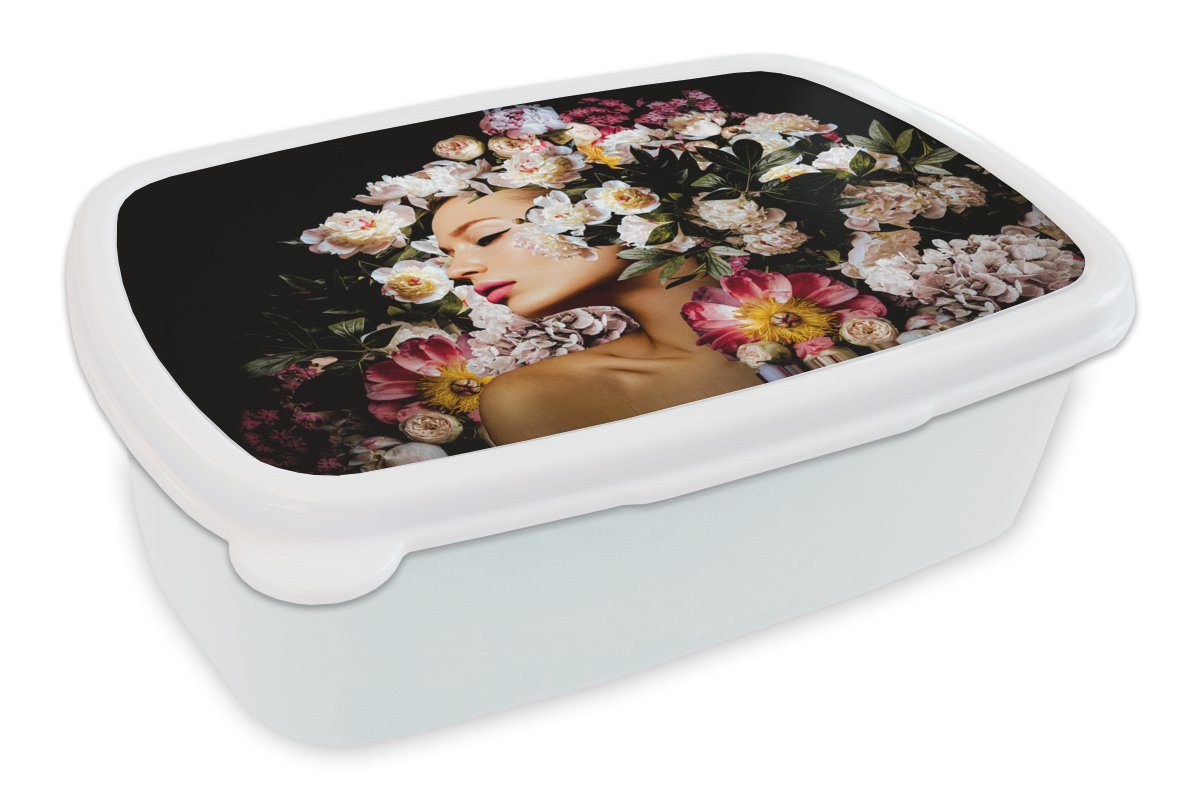 MuchoWow Lunchbox Frauen - Blumen - Rosen - Porträt, Kunststoff, (2-tlg), Brotbox für Kinder und Erwachsene, Brotdose, für Jungs und Mädchen weiß