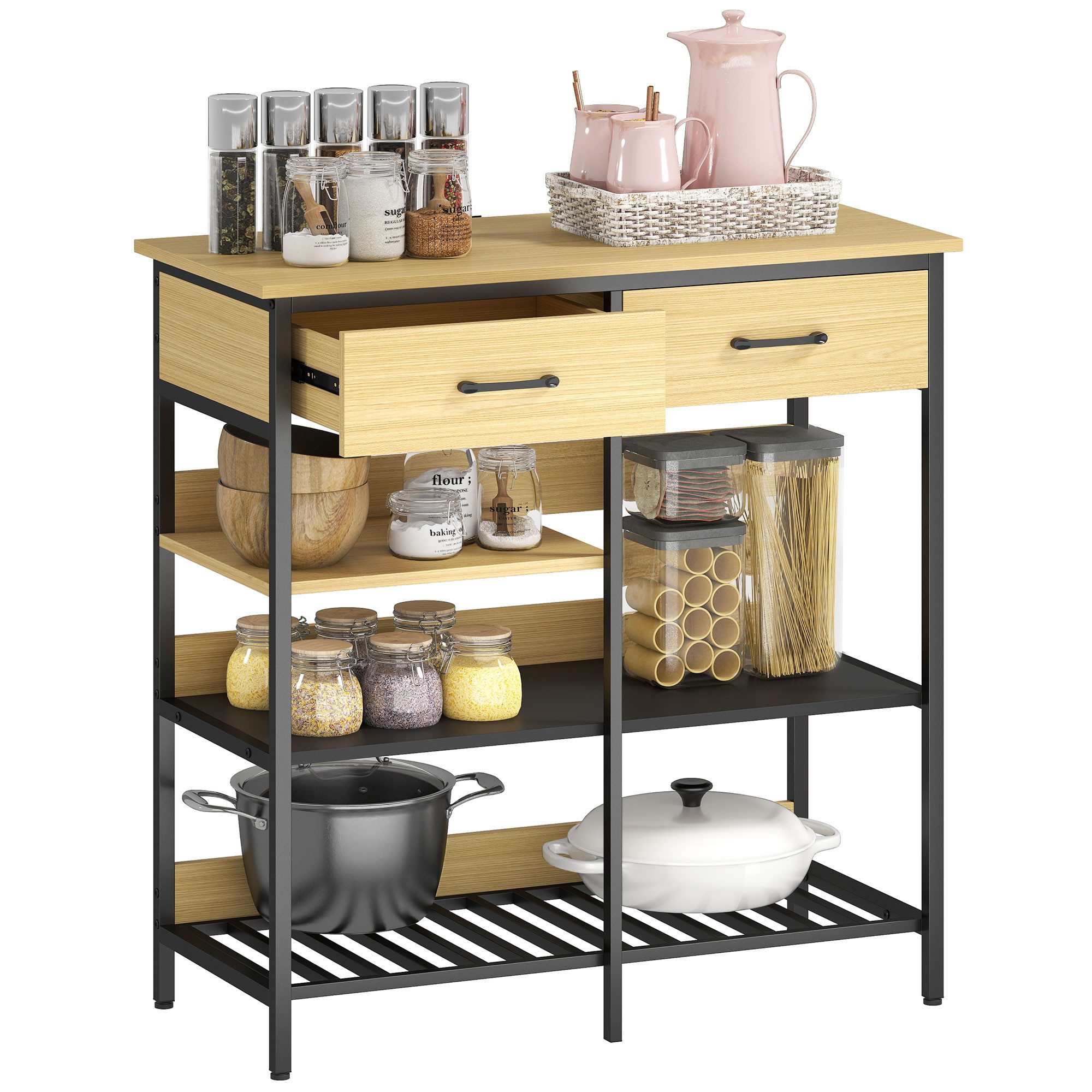 HOMCOM Sideboard Aufbewahrungsschrank mit 2 Schubladen, 3 offenen Regalen (Kommode, 1 St., Küchenschrank), für Küche, Wohnzimmer, Esszimmer, 90x40x91 cm, Naturholz