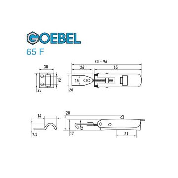 GOEBEL GmbH Kastenriegelschloss 5588544650, (10 Stück Schnellverschluss mit Federsicherung 65F Kappenschloss, 10-tlg., Kistenverschluss - Kofferverschluss - Hebel Verschluss), gewölbter Grundtplatte inkl. Gegenhaken Edelstahl A2 (V2A)