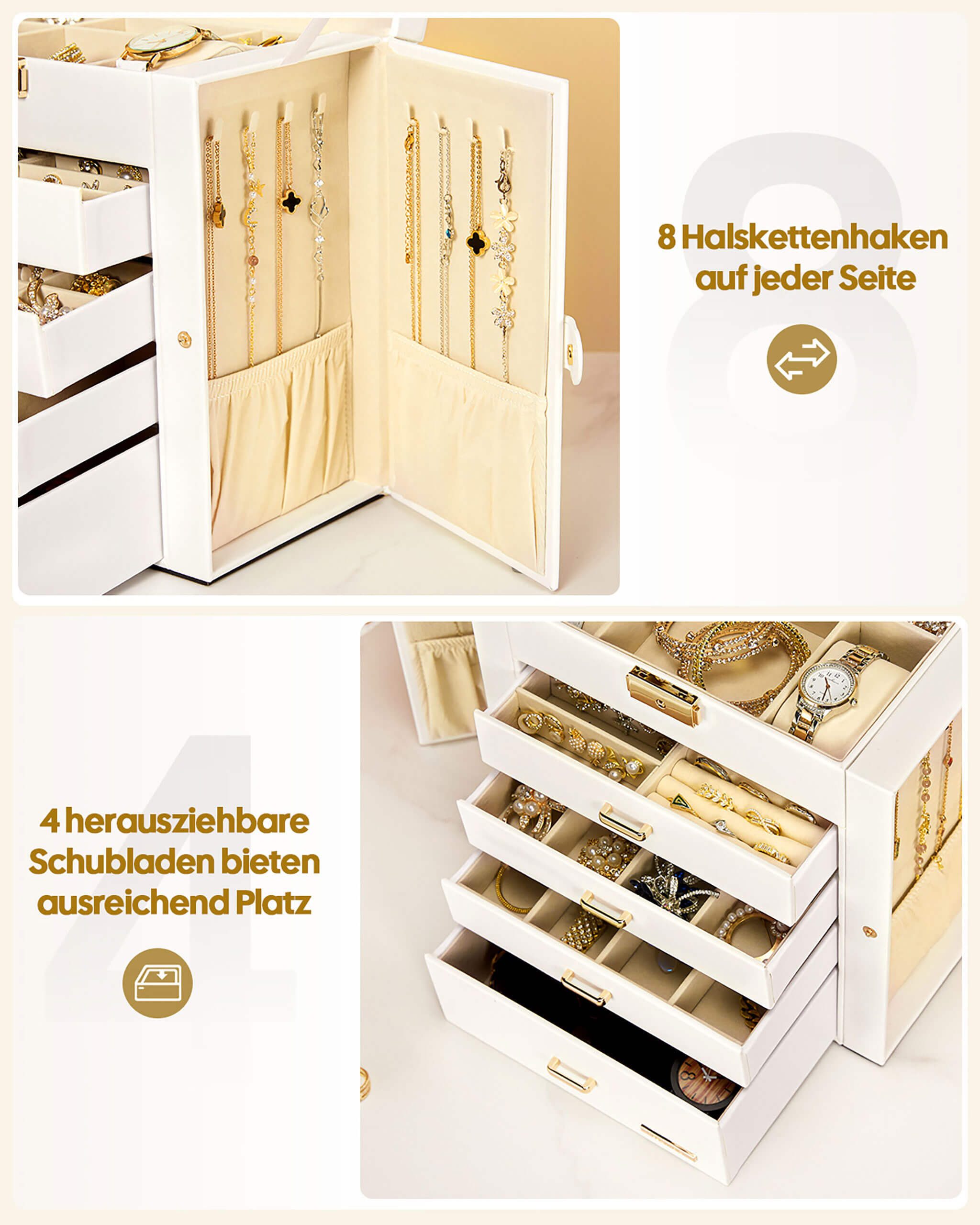 Yorbay Schmuckkasten Groß Schmuckkoffer mit 5 Ebenen, 2 Seitenfächern, Weiß (Mit Spiegel), Schmuckkästchen, abschließbar, für Halsketten, Uhren, Ringe, Brille – Bild 5 von 5