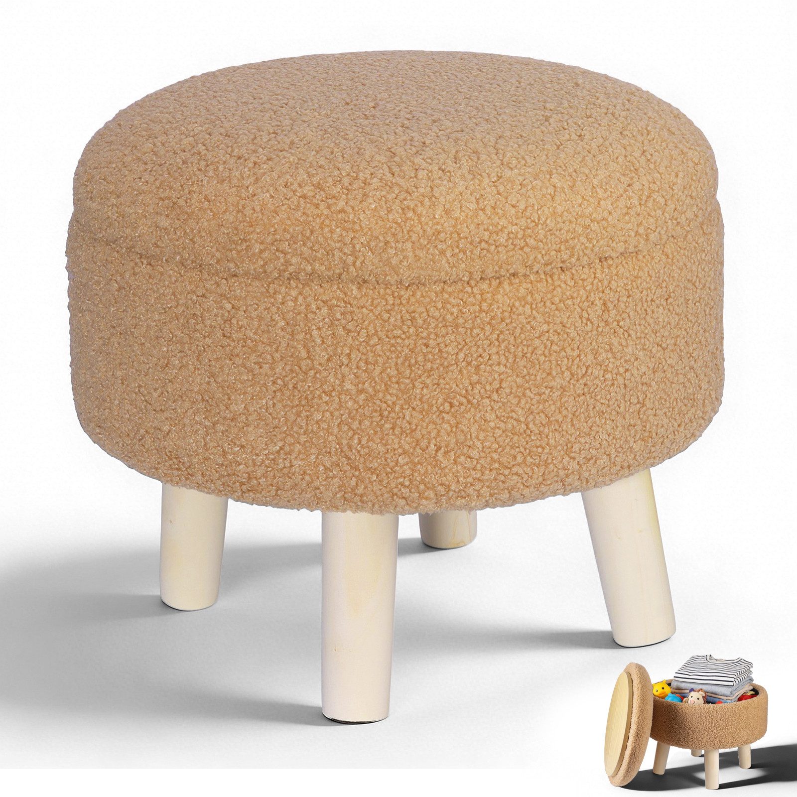 BlingBin Fußhocker mit Stauraum, Kleiner Stauraum, Ottomane, Teddy-Fleece Runder Hocker (1 Stück, 1 St., 34 x 31,5 cm), weiche hocker mit stauraum für Wohnzimmer, Schlafzimmer