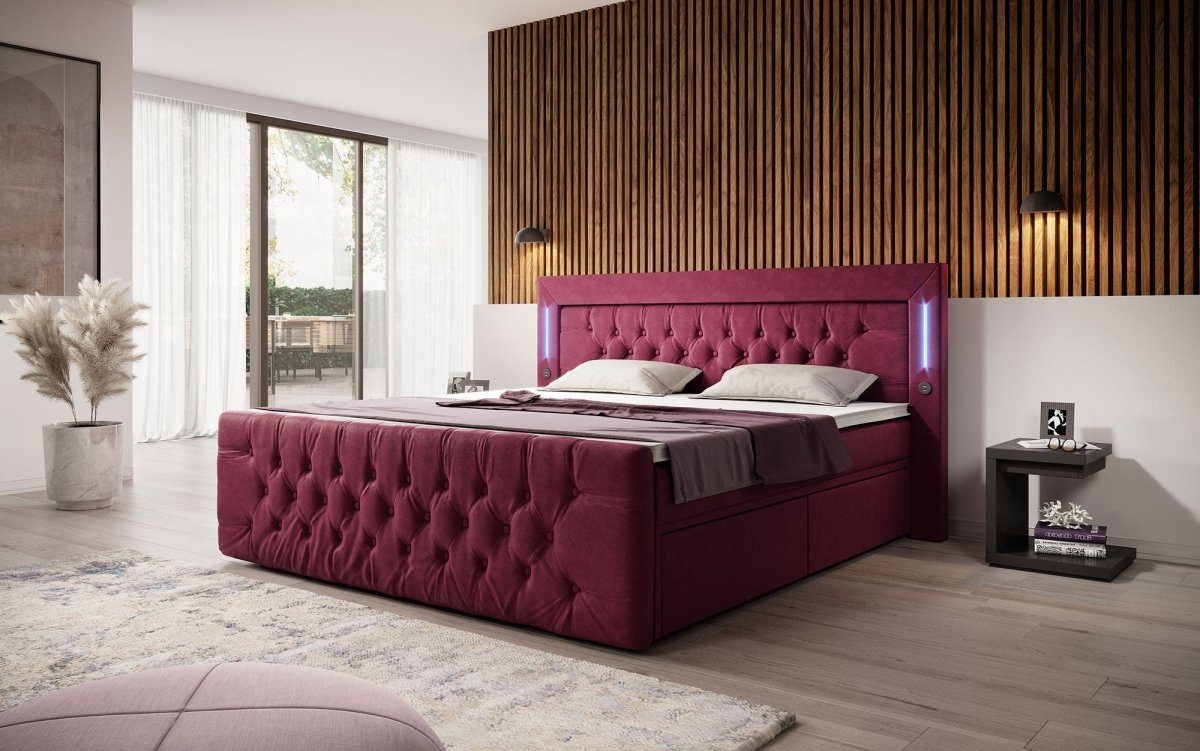 Luxusbetten24 Boxspringbett Charme, mit LED-Beleuchtung, USB-Anschluss und Stauraum