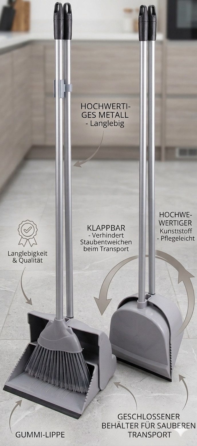 Gardissimo Kehrgarnitur mit stiel und langen Griff Kehrbesen Kehrschaufel Set Faule Grete, Fußböden, (Spar-Set, 2-tlg., 2-tlg), mit klappbaren und geschlossenen Auffangbehälter