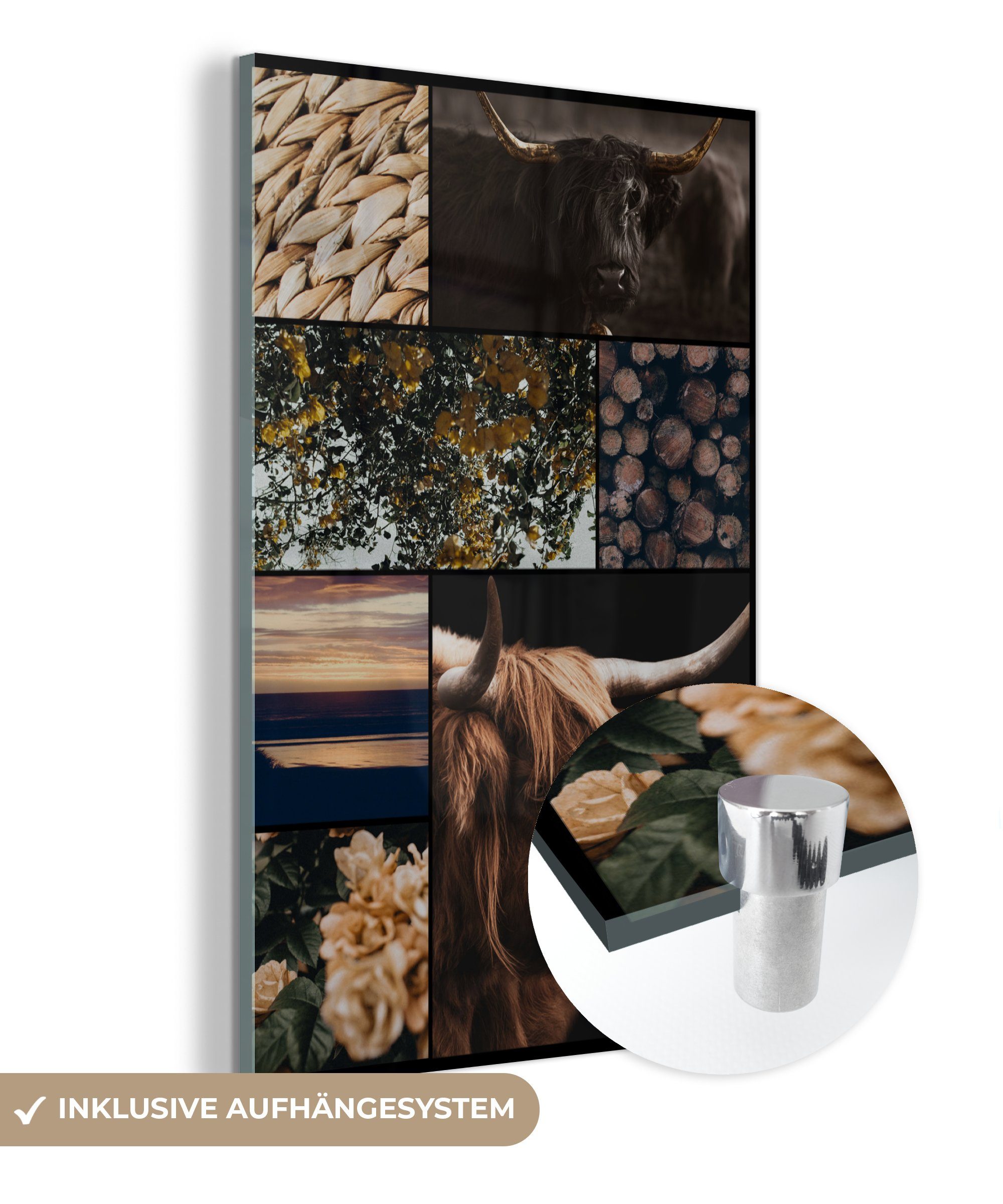 MuchoWow Acrylglasbild Schottischer Highlander - Garten - Baum - Blumen, (1 St), Glasbilder - Bilder auf Glas Wandbild - Foto auf Glas - Wanddekoration