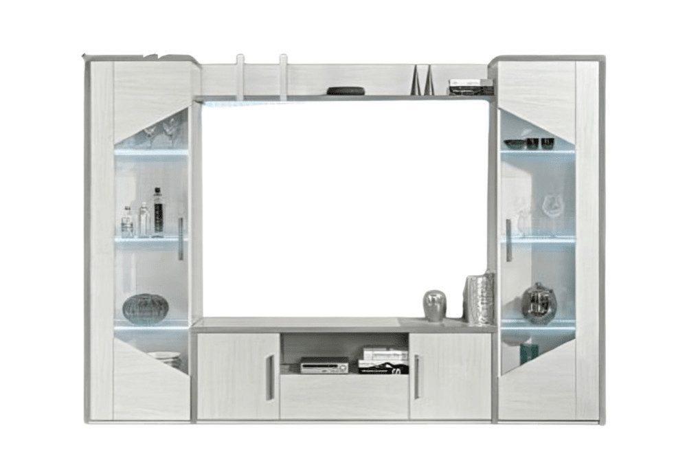 Wohnwand Moderne Holz Wohnwand mit Vitrine und Regal in eleganter Optik
