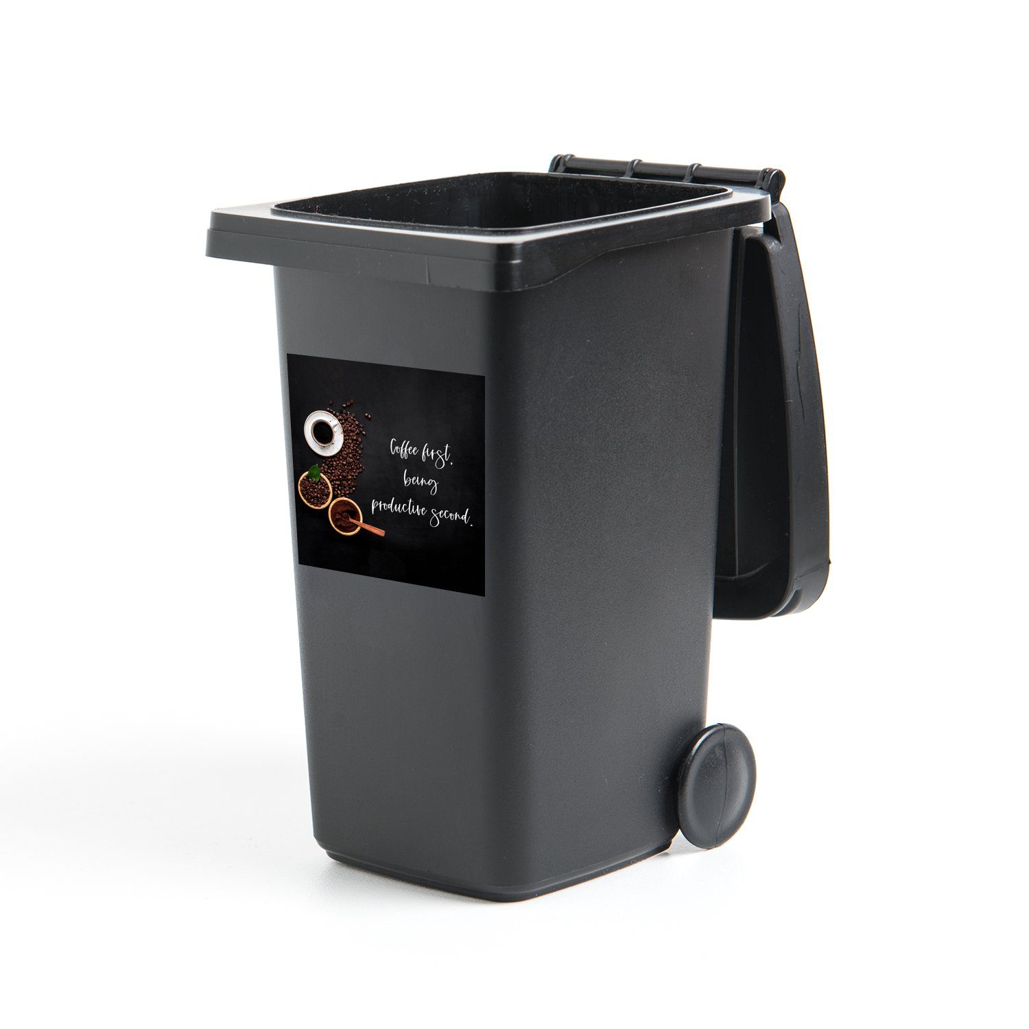 MuchoWow Wandsticker Sprichwörter - Erst Kaffee, dann produktiv sein (1 St), Mülleimer-aufkleber, Mülltonne, Sticker, Container, Abfalbehälter