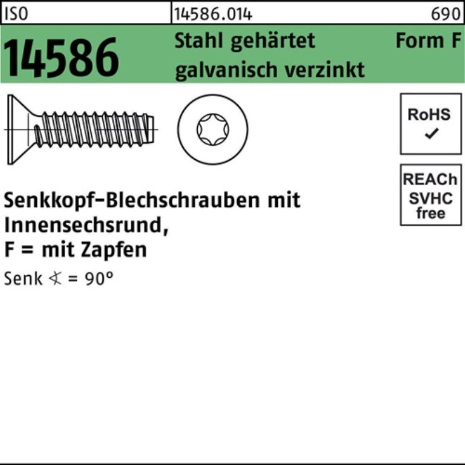 Reyher Schraube 500er Pack Senkblechschraube ISO 14586 ISR/Zapfen 4,2x50 -F Stahl geh.