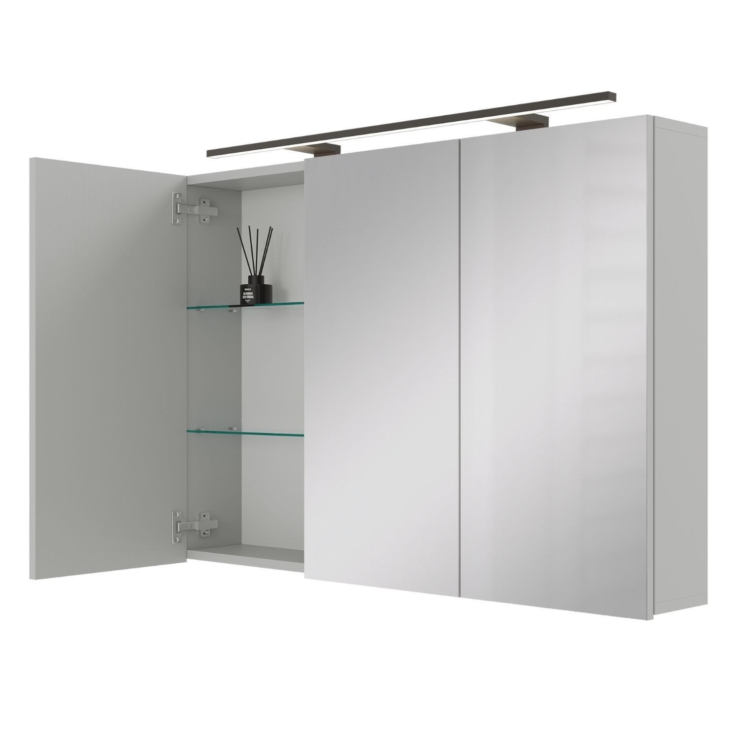 Planetmöbel Spiegelschrank ARIA Badschrank 100 cm mit Beleuchtung & Steckdose, Glaseinlegeböden (Spiegelschrank Bad 100 cm mit Beleuchtung und Steckdose, Badspiegelschrank 3-türig) Steckdose für Elektrogeräte