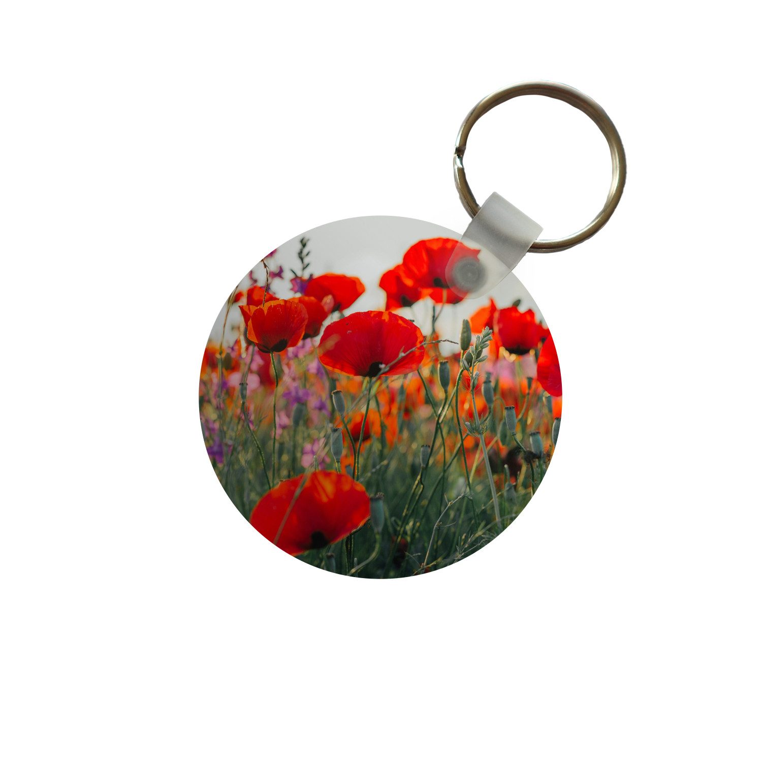 MuchoWow Schlüsselanhänger Mohn - Blumen - Rot - Lila - Wiese, Rund, Geschenk für Damen / Herren / Kinder mit Schlüsselring, 5x5 cm